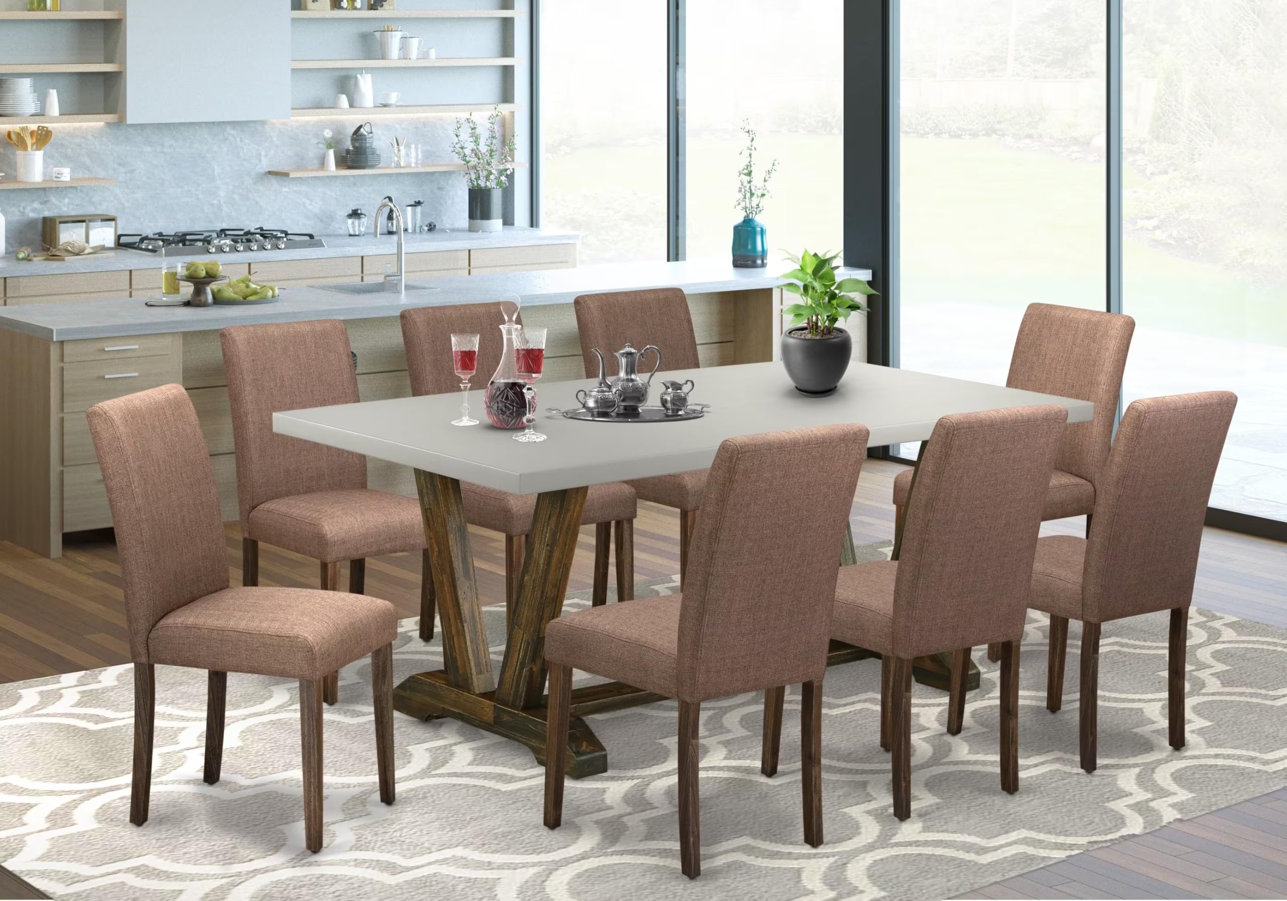 East West Furniture V797Ab747-9 9 Piece Dining Table Set Includes A Rectangle Kitchen Table With V-Legs And 8 Light Sable Linen Fabric Upholstered Chairs, 40X72 Inch, Multi-Color