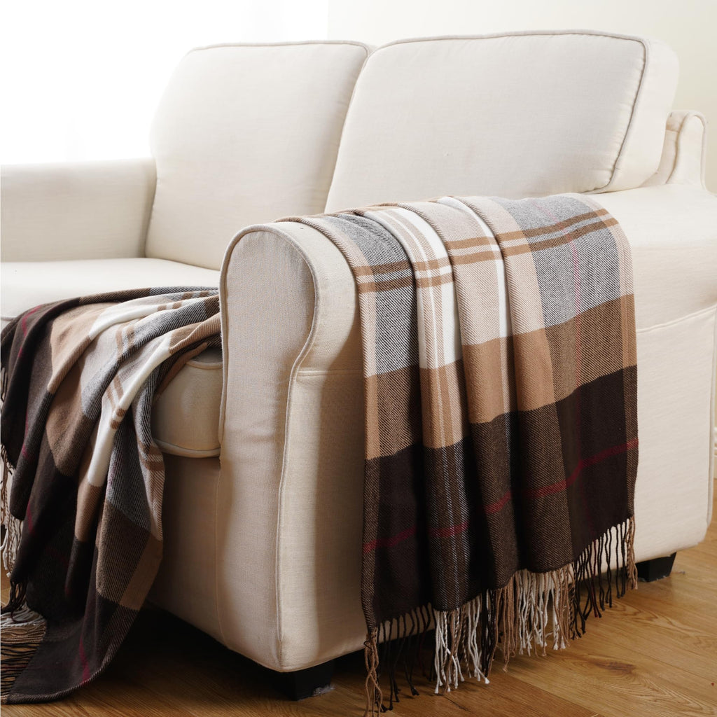 Battilo Home Brown Plaid Throw Blanket For Couch - Fall Plaid Blanket Buffalo Plaid Blankets - Lightweight Farmhouse Outdoor Thr