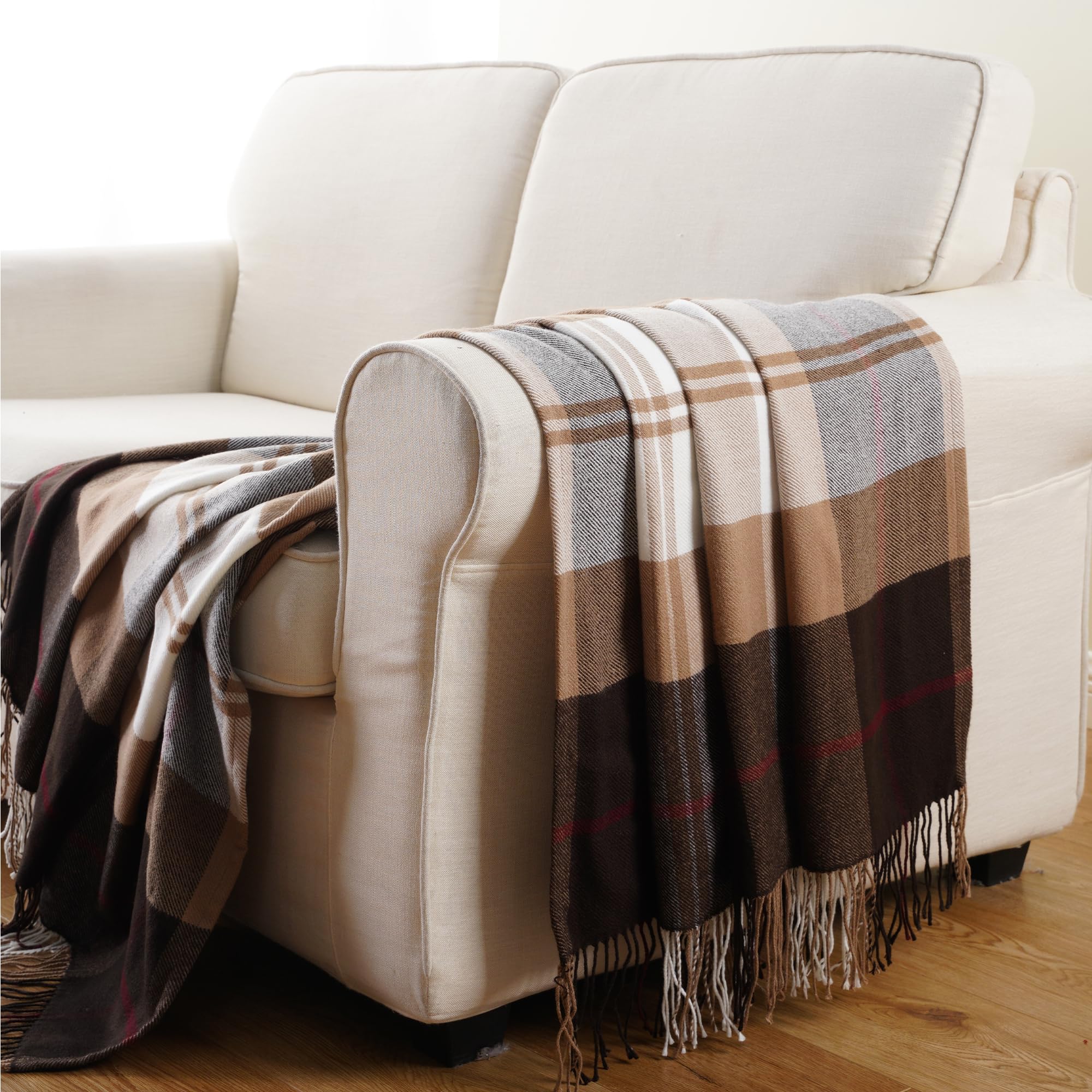 Battilo Home Brown Plaid Throw Blanket For Couch - Fall Plaid Blanket Buffalo Plaid Blankets - Lightweight Farmhouse Outdoor Thr