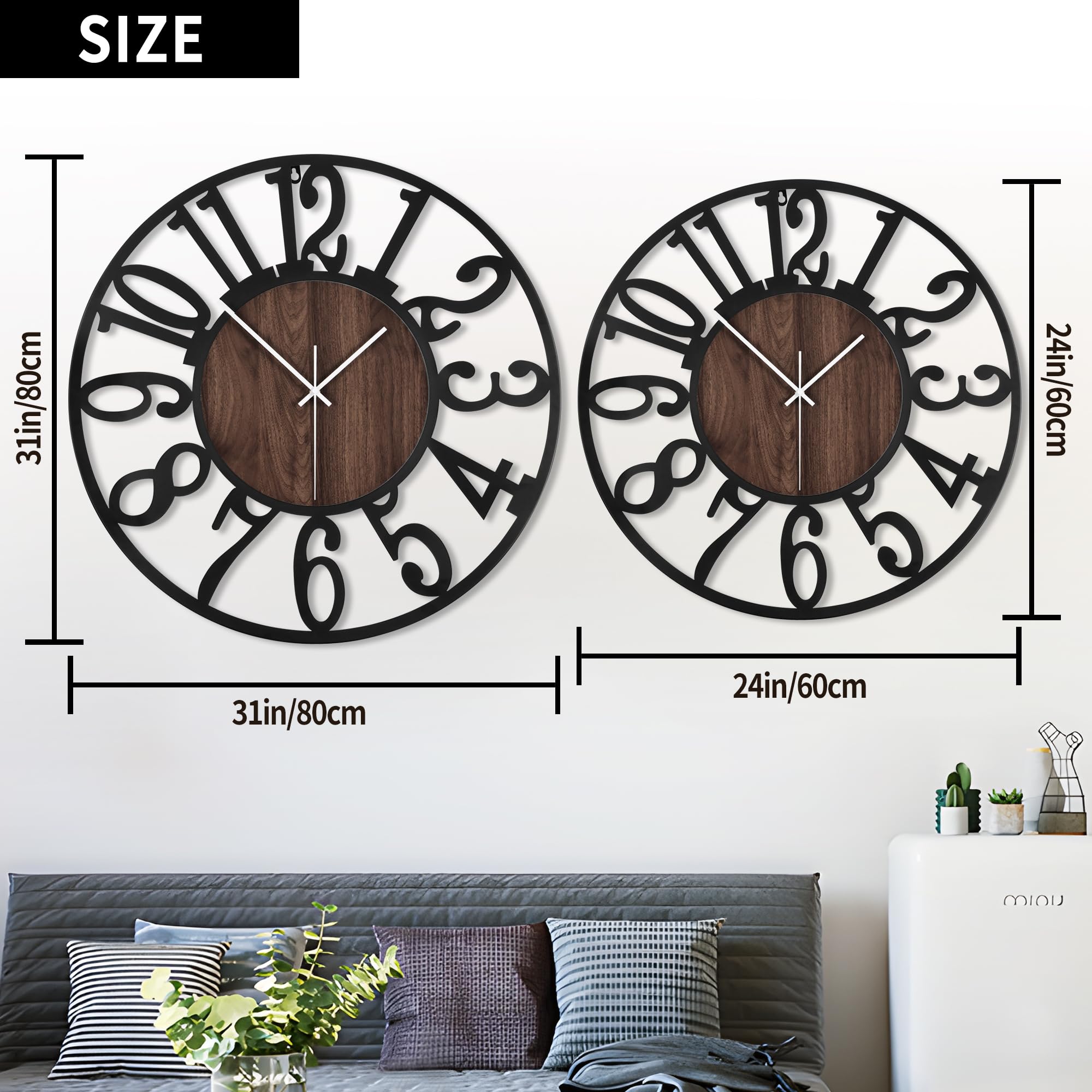 1St Owned Extra Large Wall Clocks For Living Room Decor- Modern 32 Inches Silent Non Ticking Black Arabic Numbers Metal Clocks F