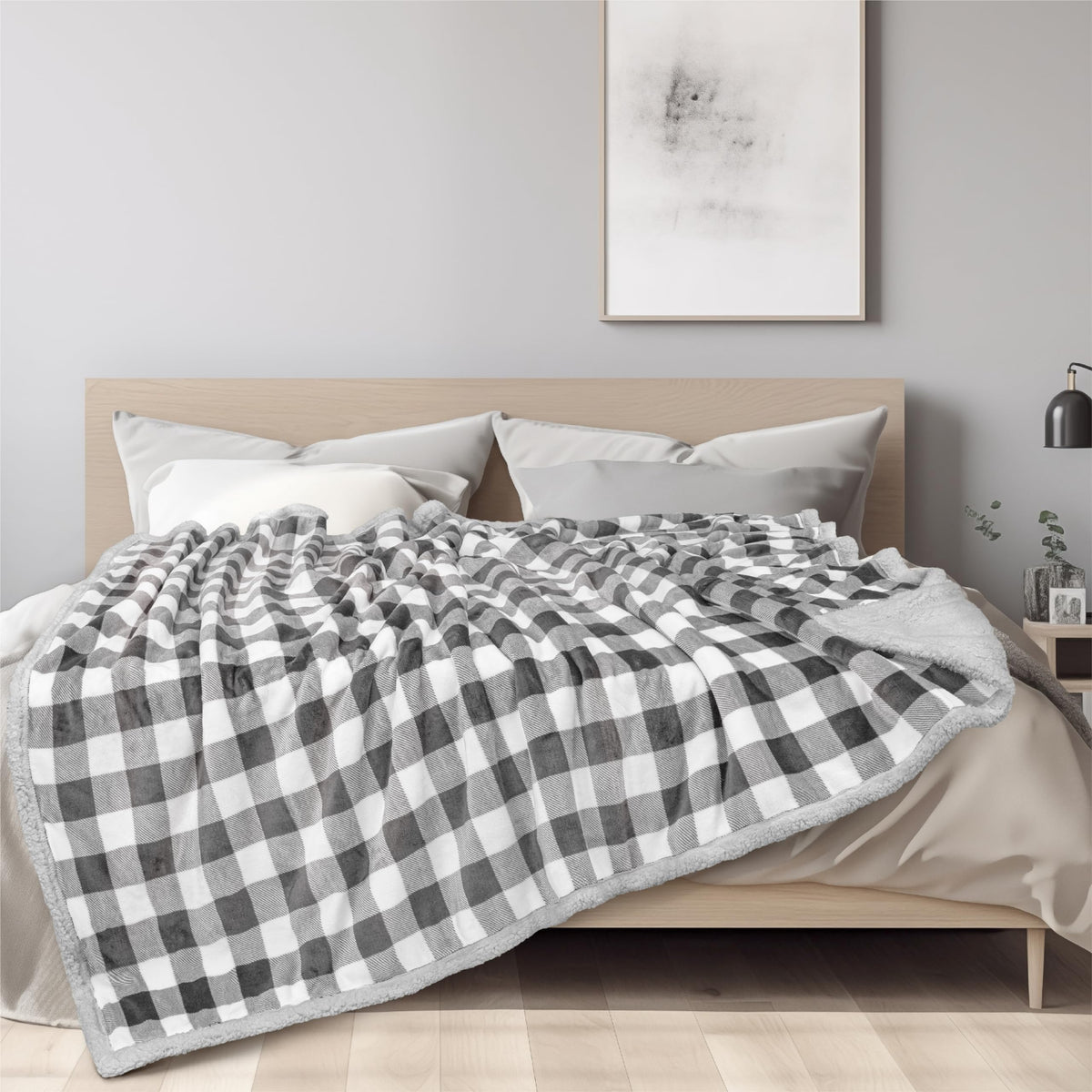 Pavilia Light Grey Buffalo Plaid Sherpa Fleece Throw Blanket For Couch Twin, Soft Flannel Blanket For Sofa Bed, Christmas Checke