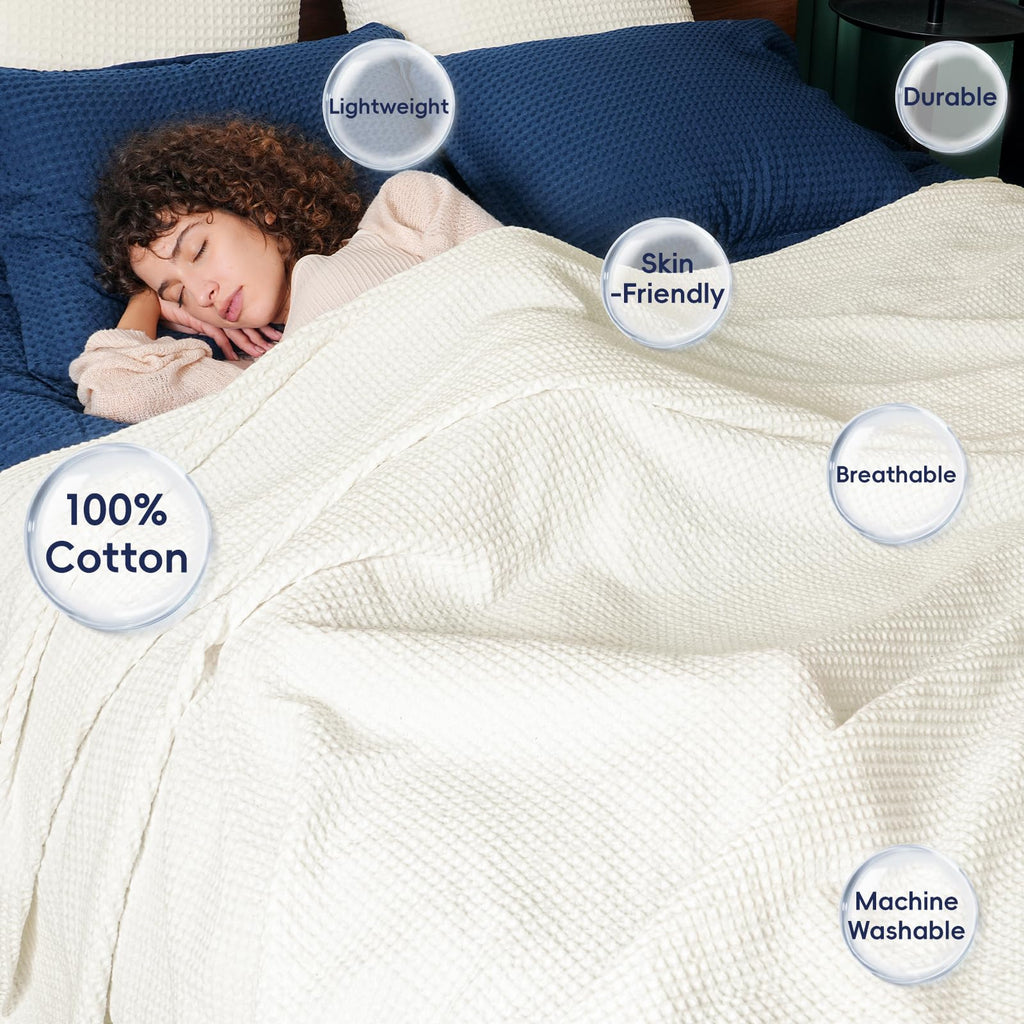 Phf 100% Cotton Waffle Weave Blanket Queen Size 90'X90' - Lightweight Cozy Washed Soft Breathable Throw - Great Layer For Couch Bed Sofa - Elegant Aesthetic Home Decoration Gift - Cream
