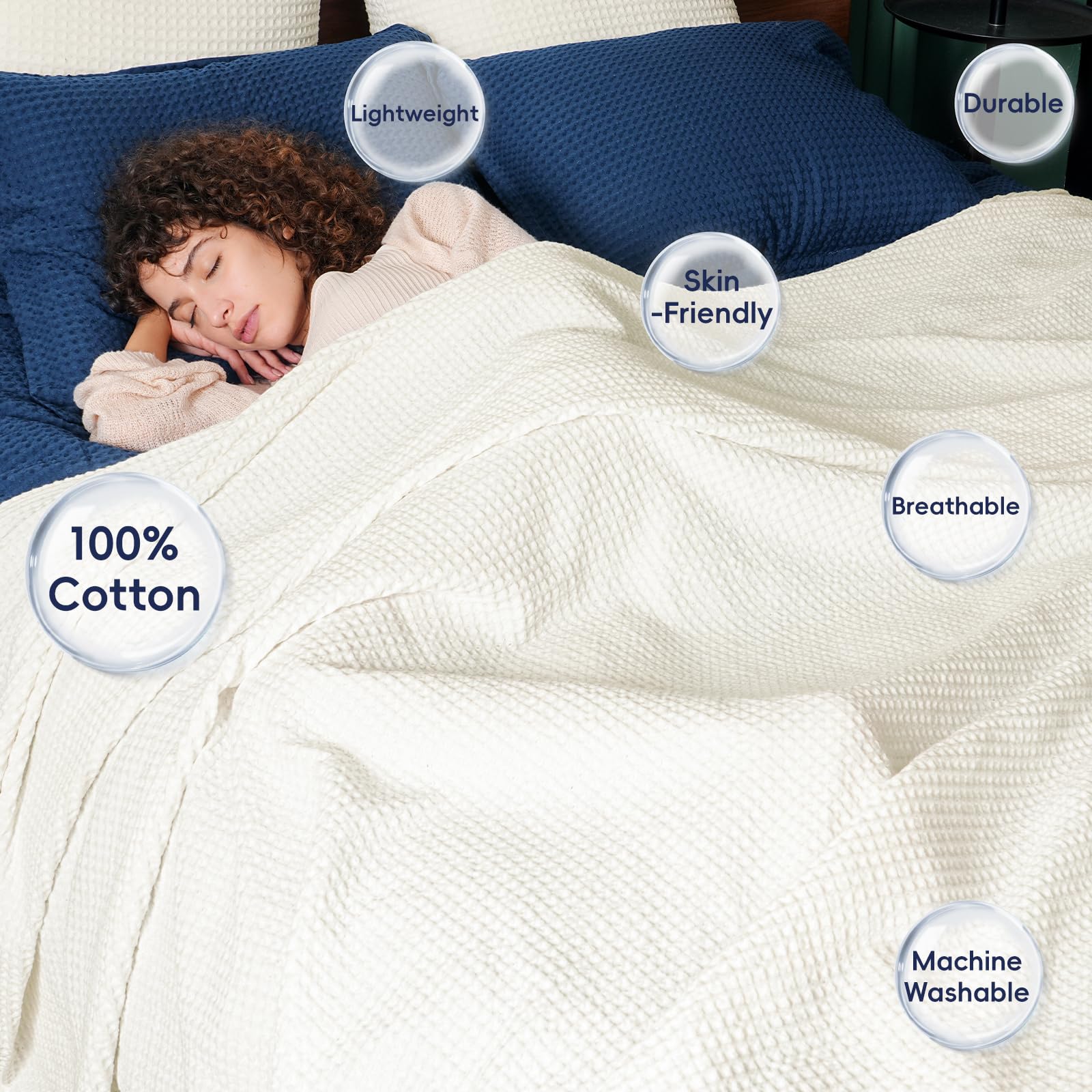 Phf 100% Cotton Waffle Weave Blanket Queen Size 90'X90' - Lightweight Cozy Washed Soft Breathable Throw - Great Layer For Couch Bed Sofa - Elegant Aesthetic Home Decoration Gift - Cream