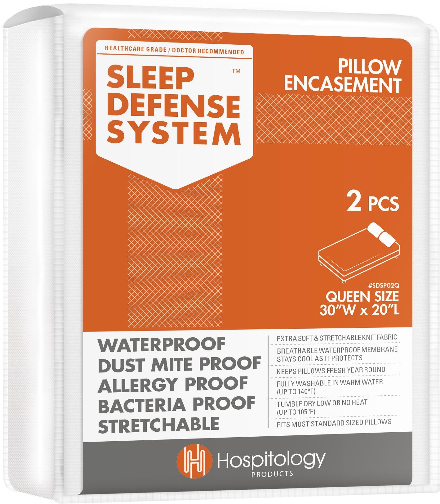 Hospitology Products Pillow Encasement- Zippered Bed Bug Dust Mite Proof Hypoallergenic - Sleep Defense System - Queen - Waterpr