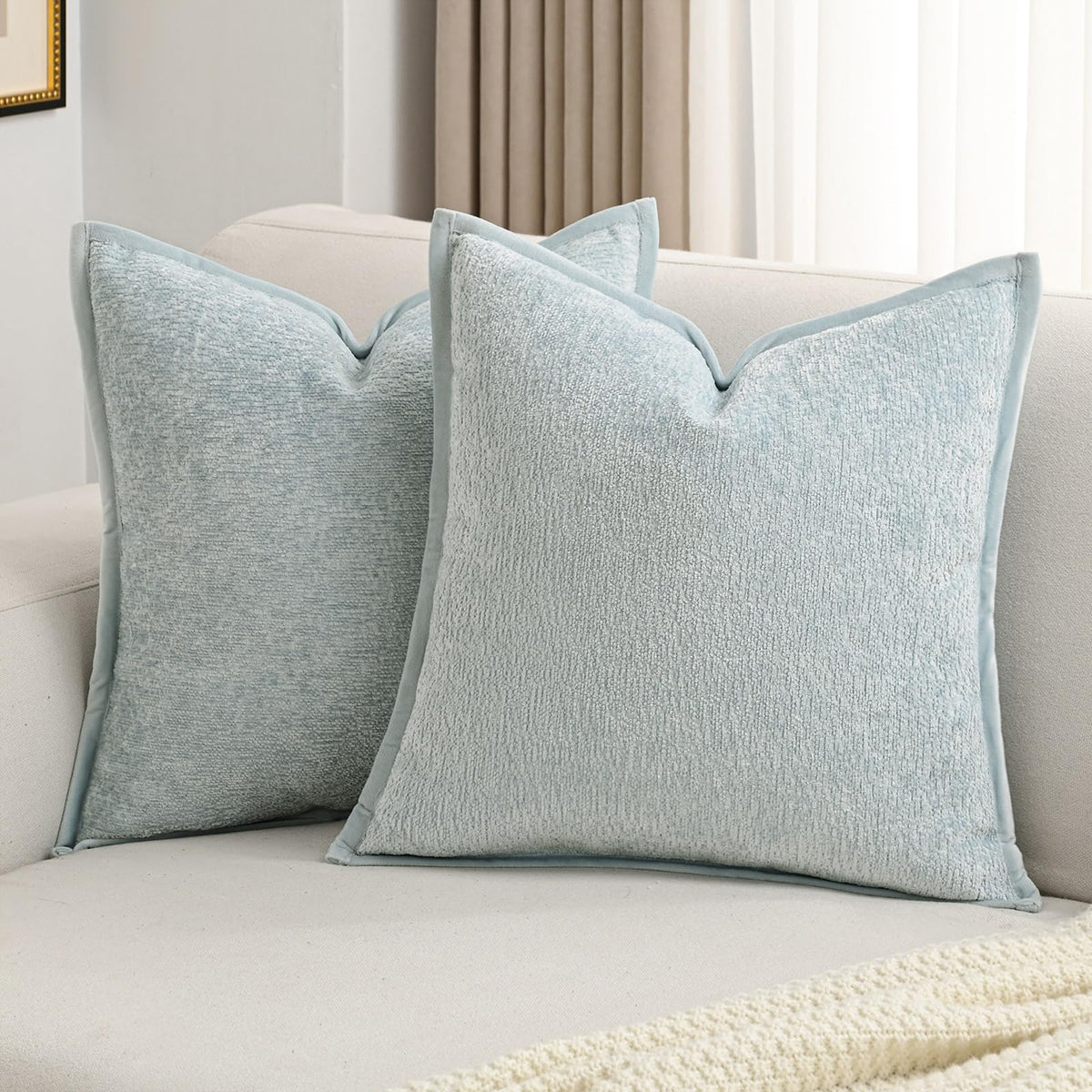 Futei Light Blue Chenille Throw Pillow Covers 26X26 Inch Set Of 2,Soft Velvet Euro Pillow Shams,Home Decor For Couch Bed Living