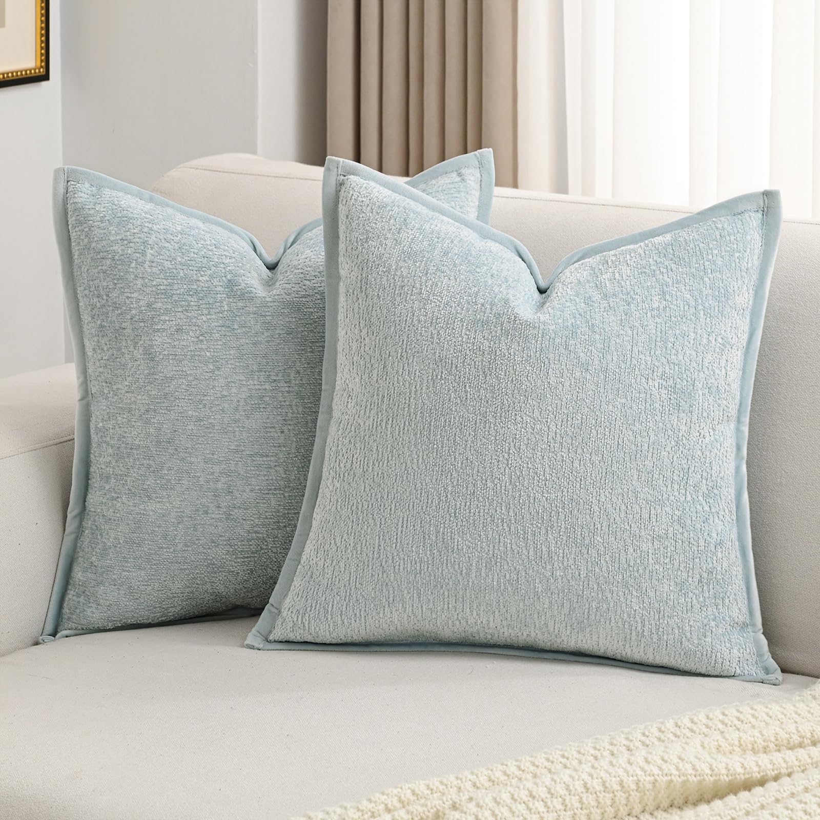 Futei Light Blue Chenille Throw Pillow Covers 20X20 Inch Set Of 2,Soft Velvet Cushion Case,Home Decor For Couch Bed Living Room