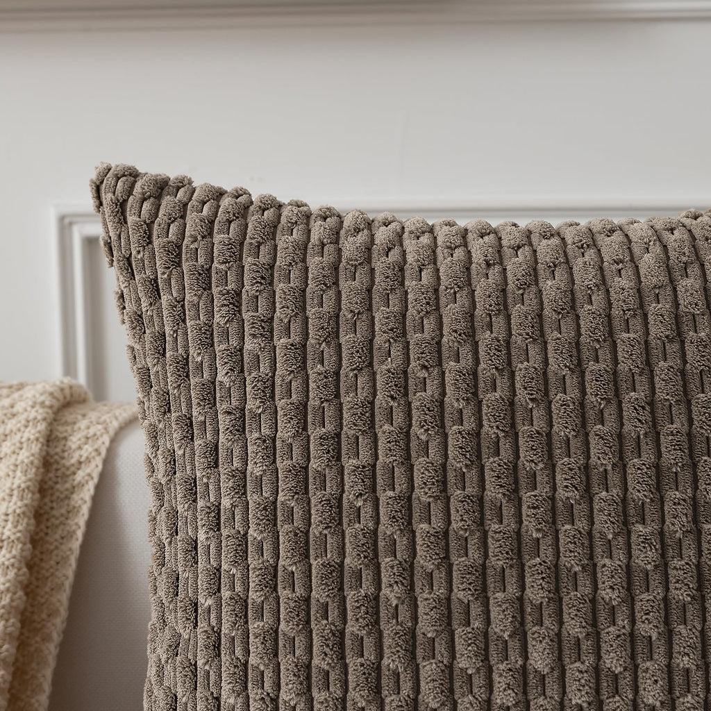 Kevin Textile Pack Of 2 Corduroy Decorative Throw Pillow Covers 18X18 Inch Soft Boho Striped Pillow Covers Modern Farmhouse Home Decor For Spring Sofa Living Room Couch Bed Light Brown