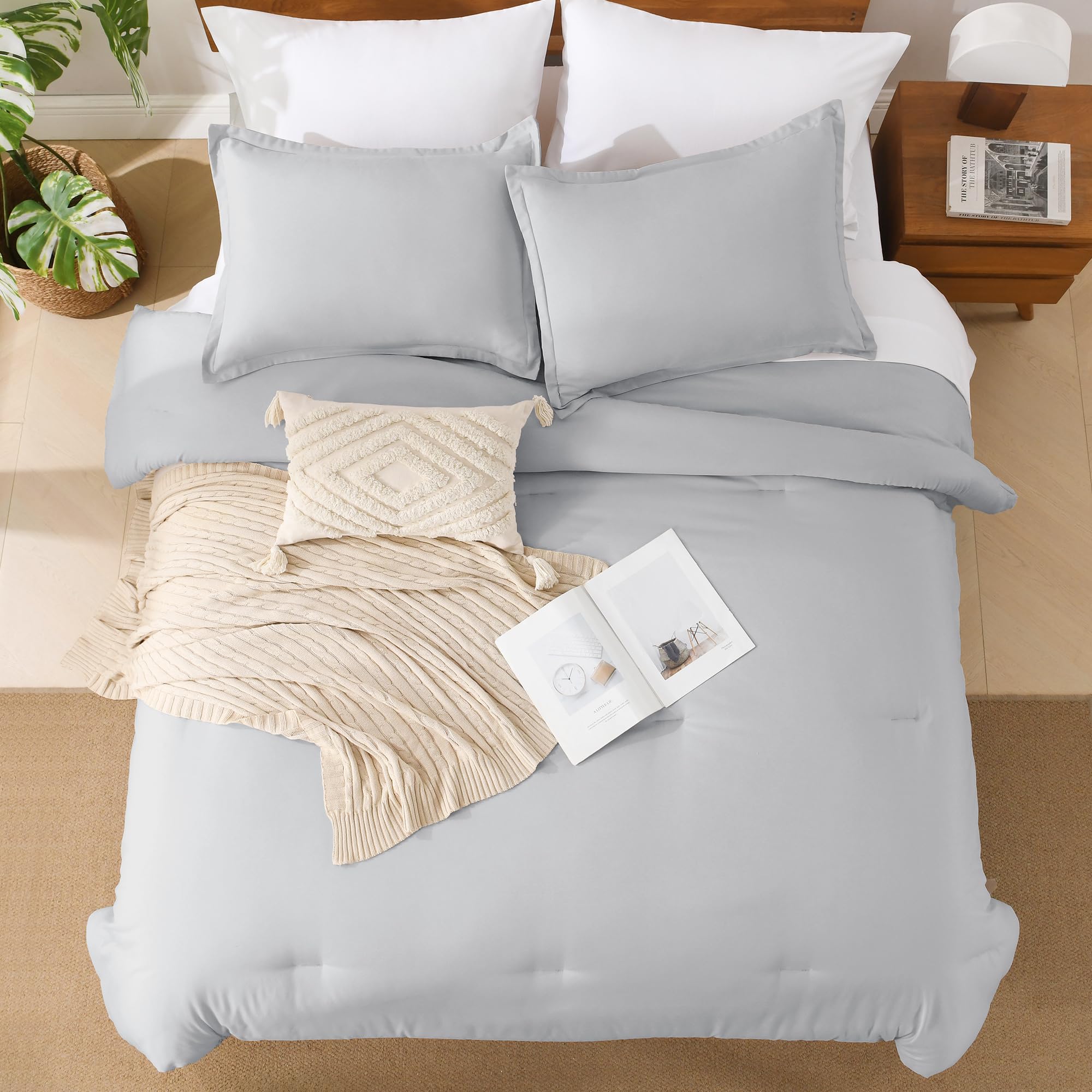 Andency Light Grey California King Comforter Set - 7 Pieces Gray Cal King Bedding Comforter Sets, Summer Plain Soft Lightweight Comforter With Fitted Sheets, Flat Sheets, Pillowcases & Shams