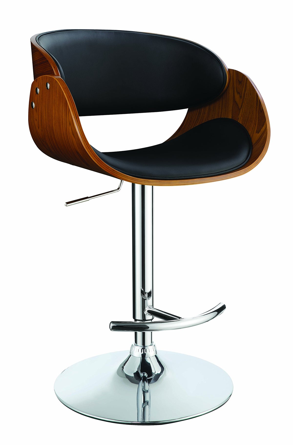 Coaster Home Furnishings Mid Century Modern Adjustable Height Pub Chair Swivel Bar Stool Barstool Pu Leather With Chrome Base, Black / Walnut