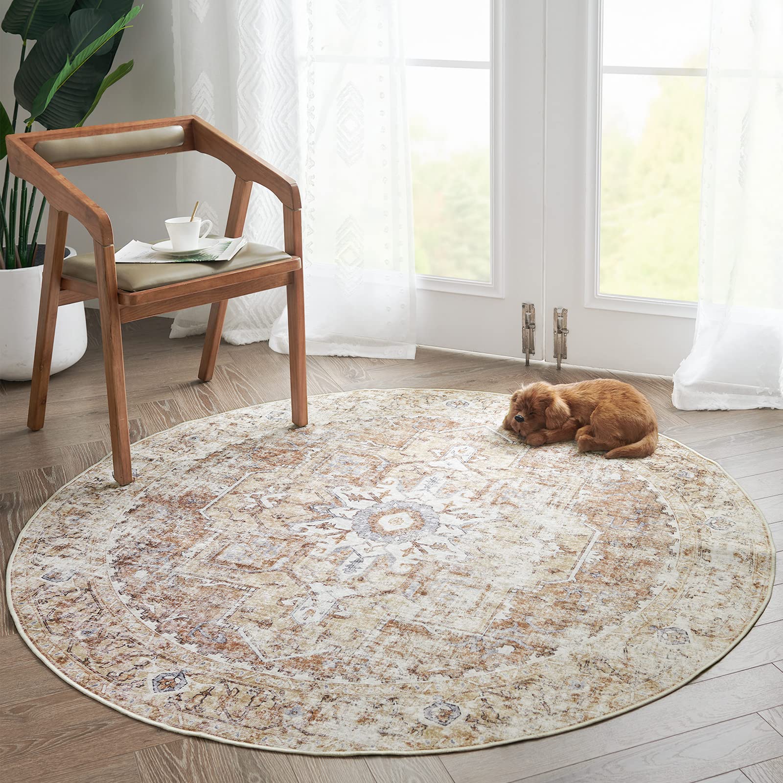 jinchan Round Rug 5ft Washable Rug Area Rug Vintage Rug Indoor Floor Cover Print Distressed Brick Red Multi Circle Rug 5 Round 