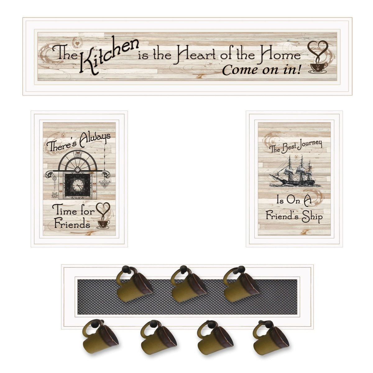 Set Of Four Kitchen Print (33x8) & Mug Rack (Horizonal) 27x8x3 White Frame White Framed Print Wall Art