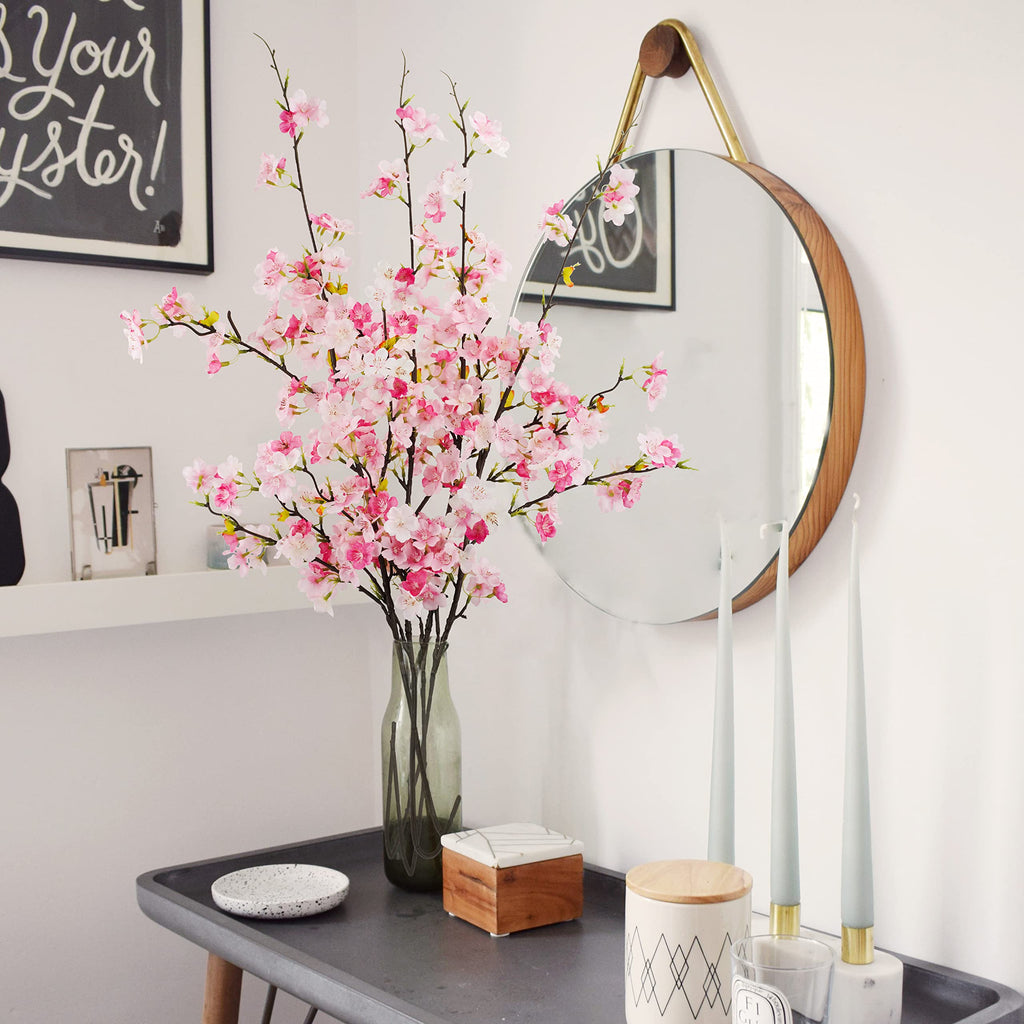 Obbsie 4Pcs Artificial Cherry Blossom Flower Branches, 39.4' Fake Silk Pink Cherry Blossom Tree Stems Faux Cherry Flowers Vase