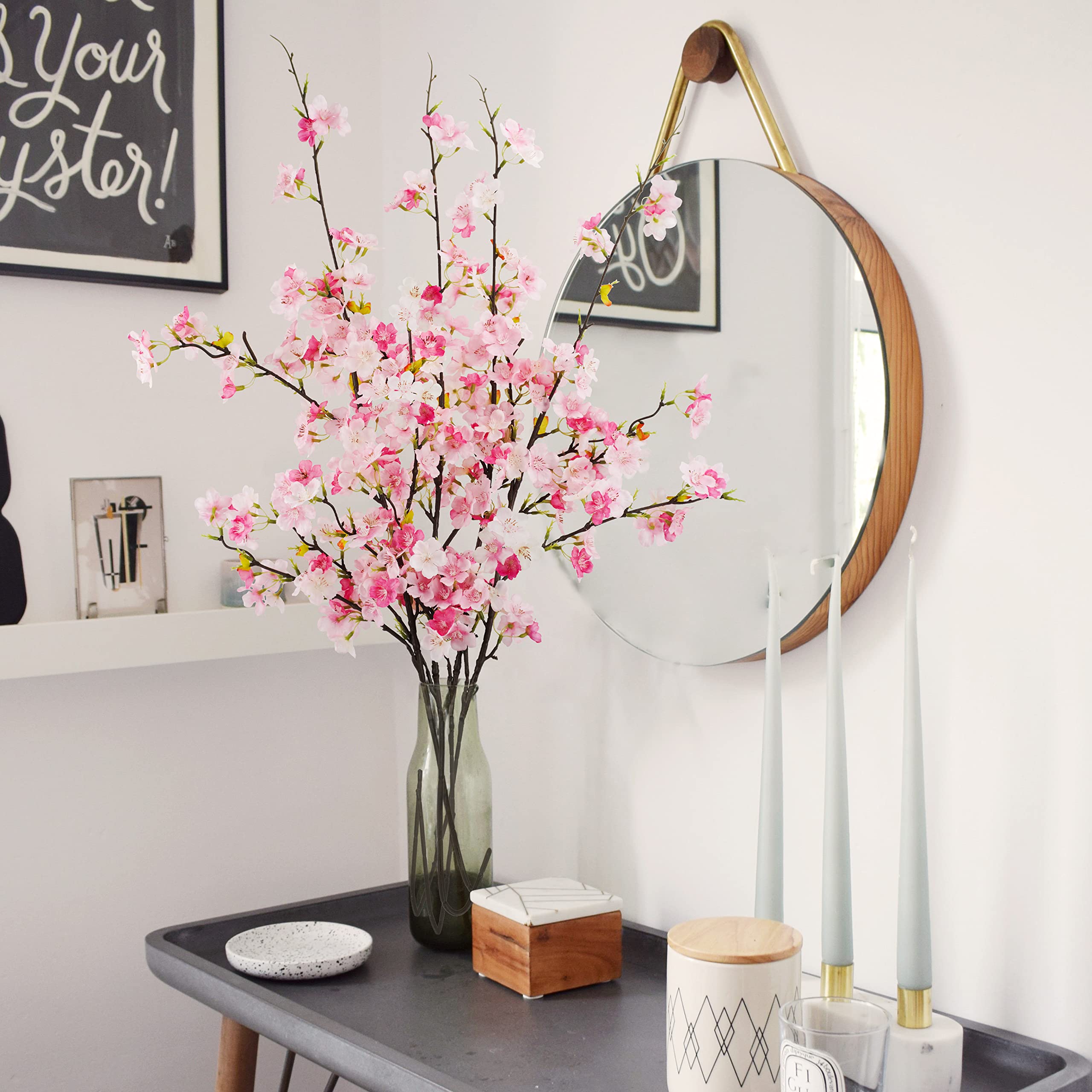 Obbsie 4Pcs Artificial Cherry Blossom Flower Branches, 39.4' Fake Silk Pink Cherry Blossom Tree Stems Faux Cherry Flowers Vase
