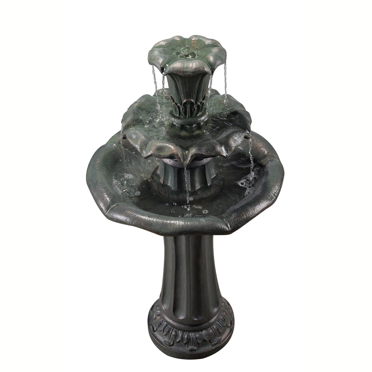 Teamson Home Lily Flower Floor Pedestal 3 Tiered Floor Waterfall Fountain With Pump For Outdoor Patio Garden Backyard Decking, 3
