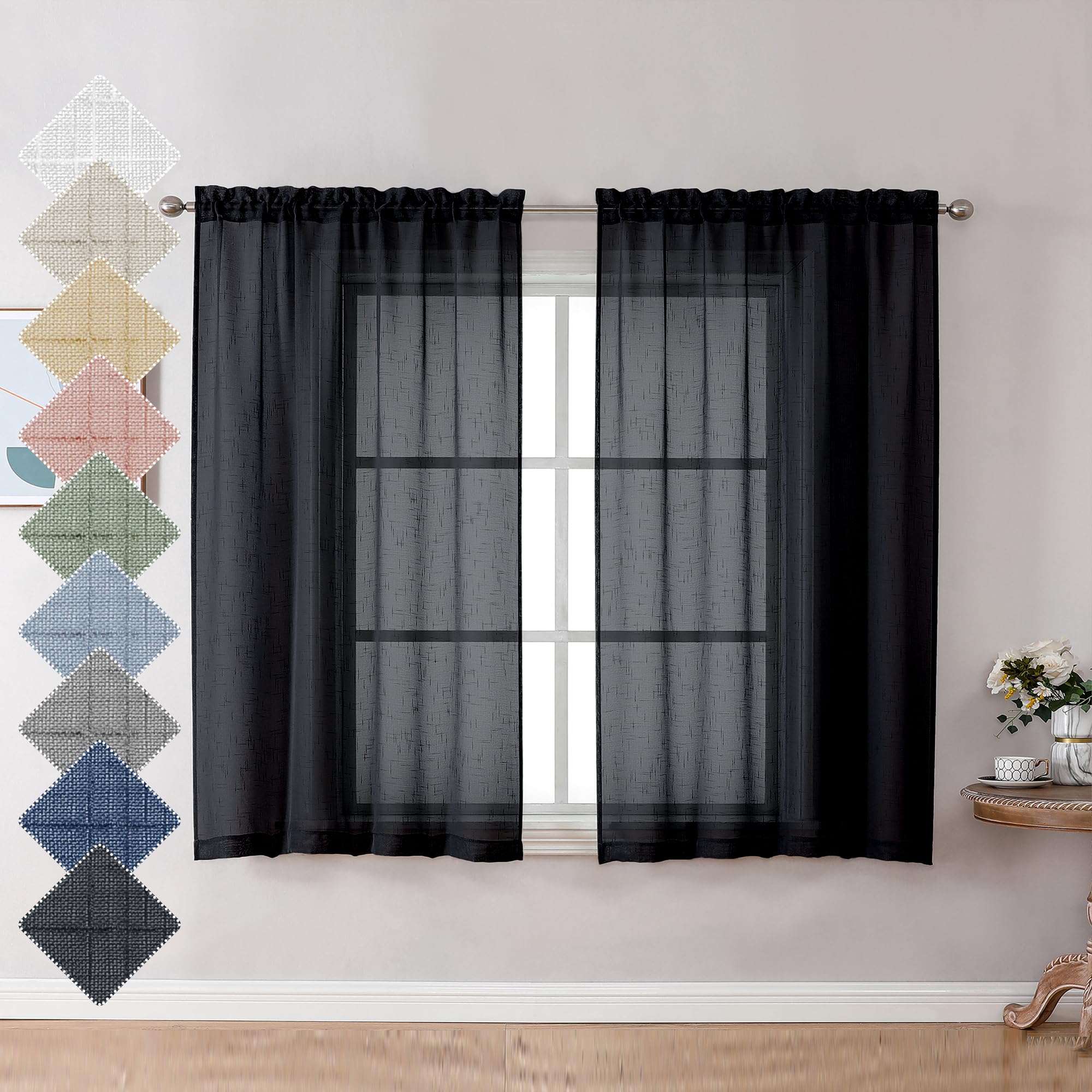 Aiyufeng Black Sheer Curtains 45 Inch Length 2 Panels, Short Linen Curtains For Kitchen, Small Window Curtains Window Treatment