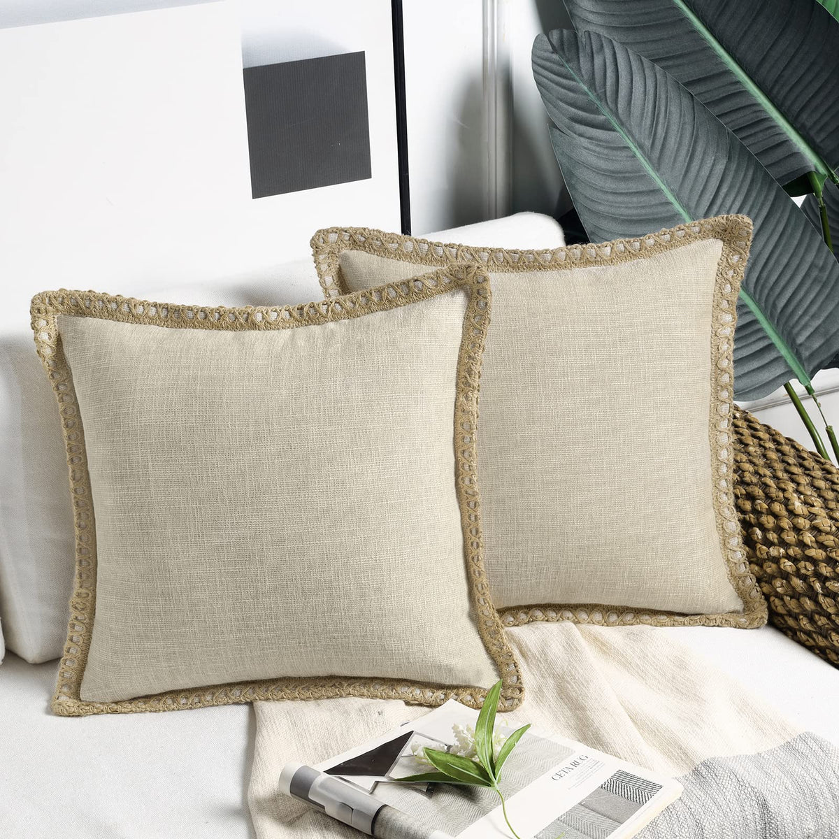 Phantoscope Pack Of 2 Farmhouse Decorative Solid Throw Decorative Pillow Cover Burlap Linen Trimmed Tailored Edges, Oatmeal 20 X