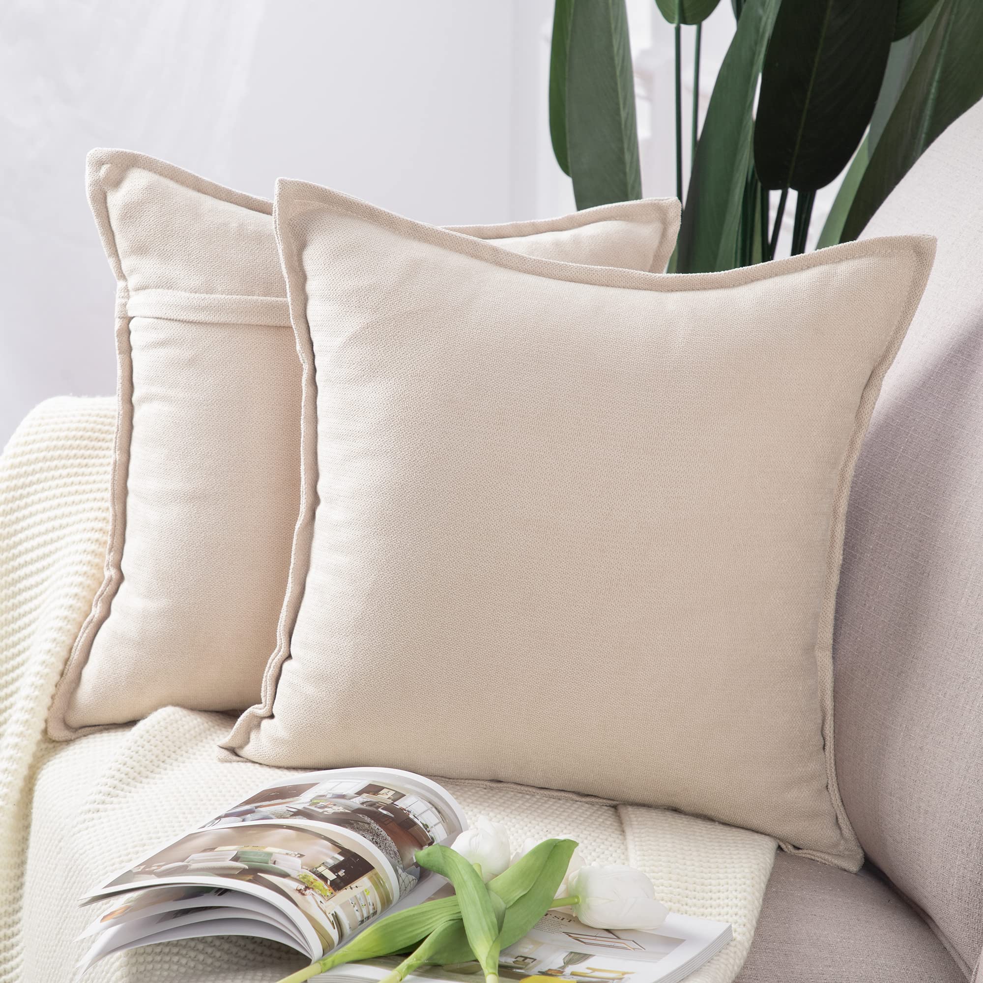 Madizz Set Of 2 Short Chenille Throw Pillow Covers 20X20 Inch Beige Soft Decorative Cushion Cover For Sofa Bedroom Pillow Shell