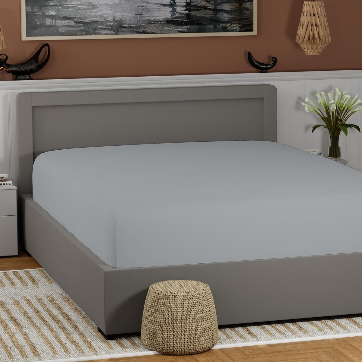 100% Cotton Soft Gray King Size Fitted Sheet Only, Lightweight & Breathable Bottom Sheet, Cool & Crisp Easy Fit 17 Deep Pocket K