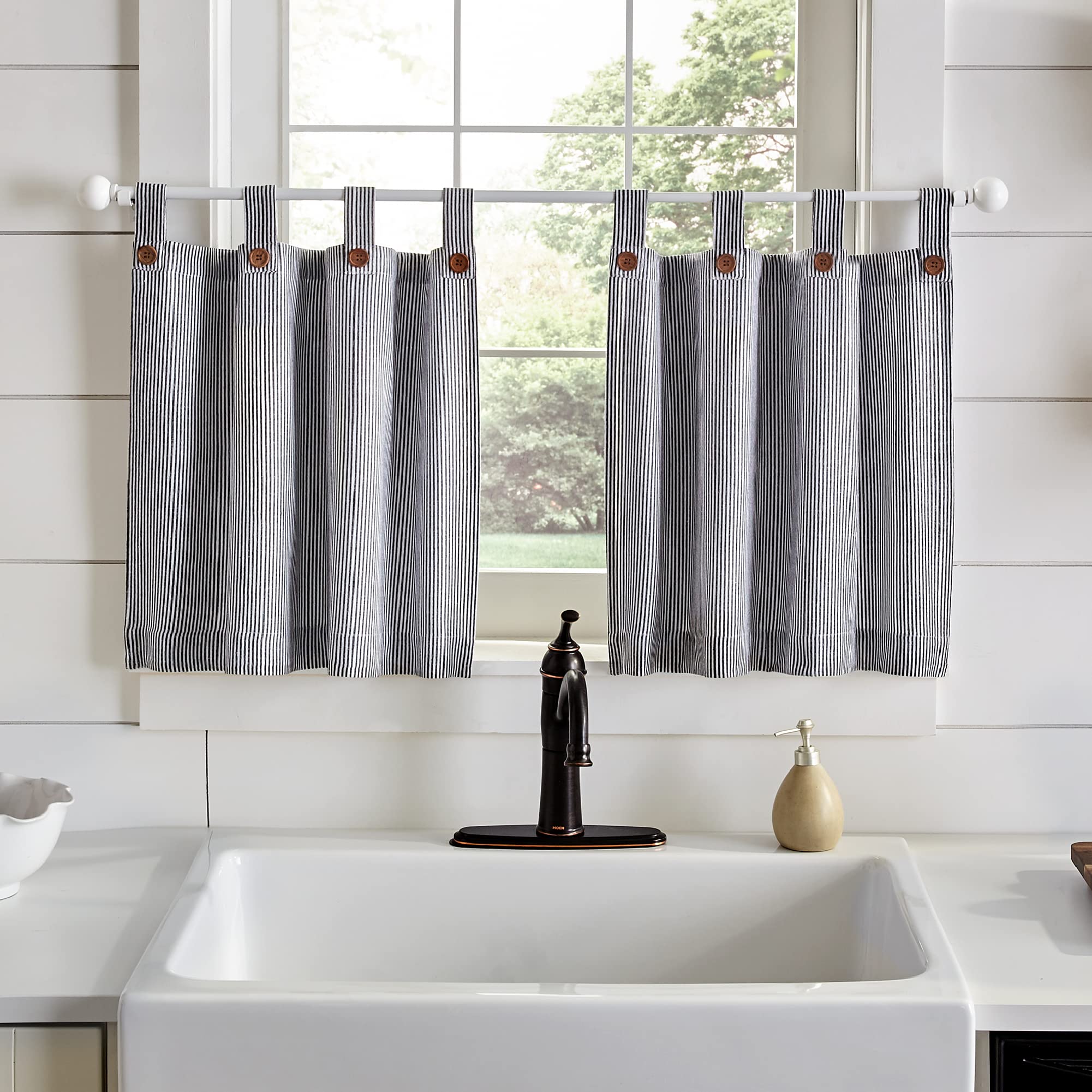 Elrene Home Fashions Tucker Ticking Stripe Tier Window Curtains for Kitchen or Bathroom, 30' x 36', Set of 2, Gray