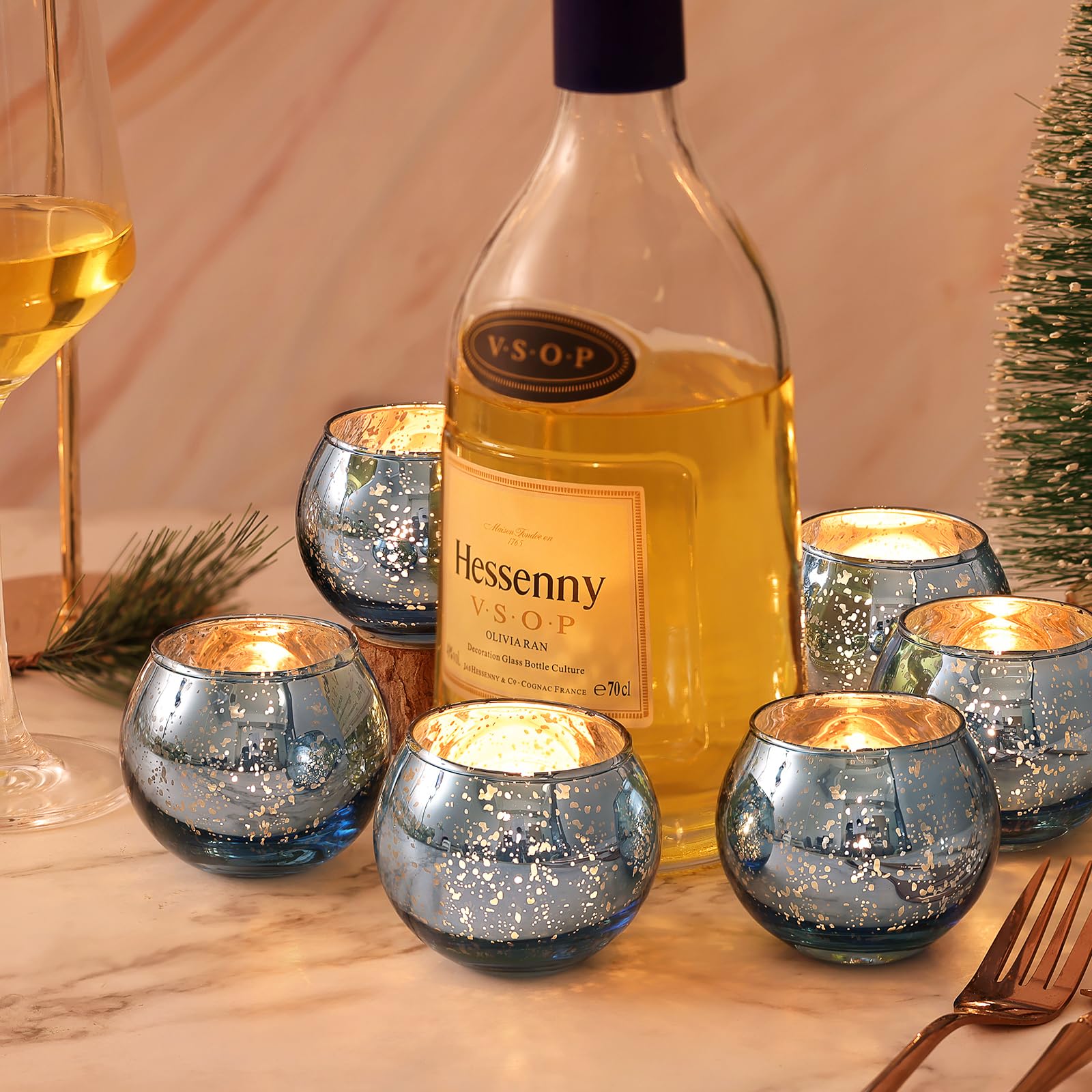 12 Pcs Blue Votive Candle Holders- Mercury Glass Votives Tealights Holders, Blue Candle Holders Blue Centerpieces For Blue Brida