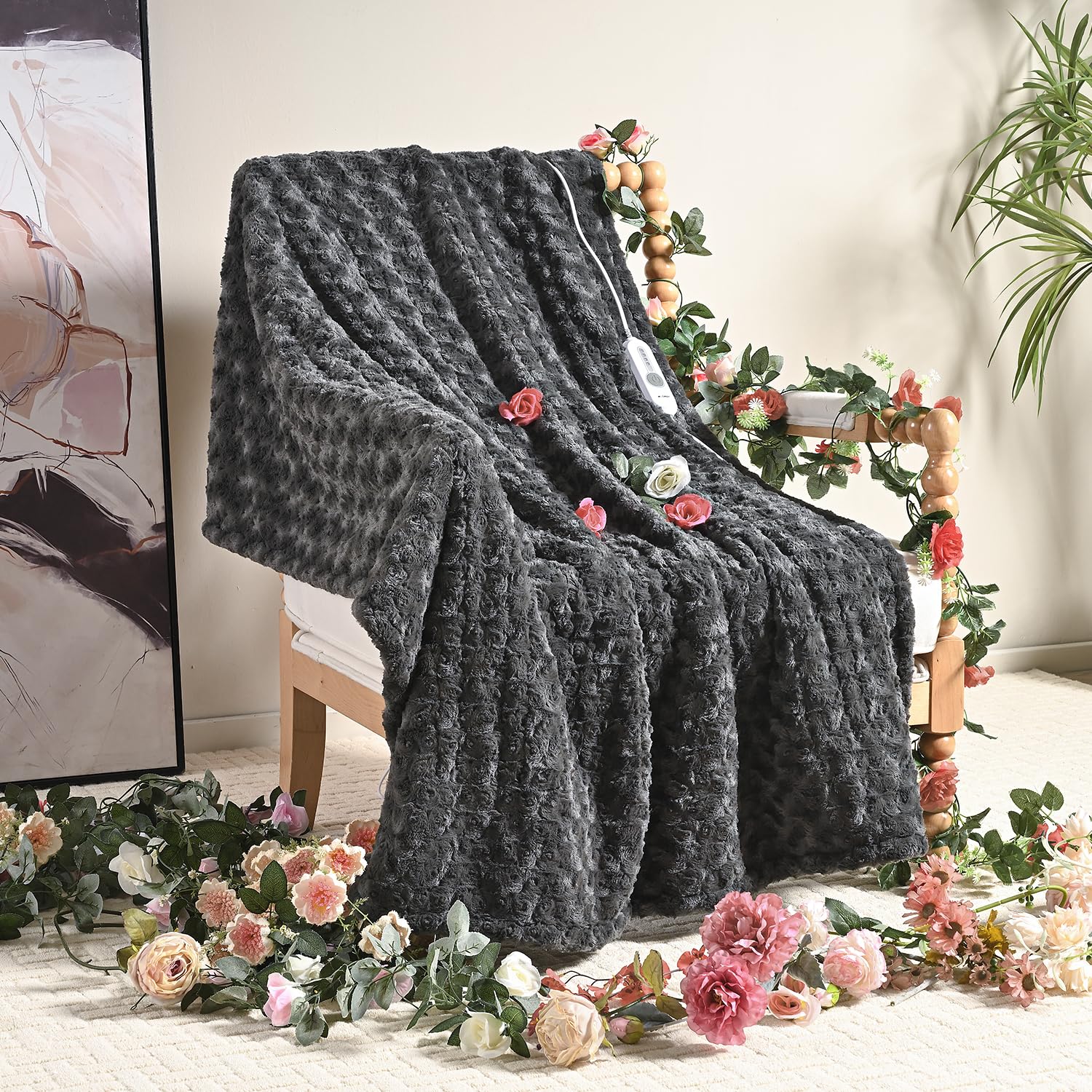 Woomer Electric Heated Throw 50'X 60', Rose Flower Patterns Faux Fur & Soft Sherpa, 4 Heating Levels & 4H Auto Off, Etl Certif