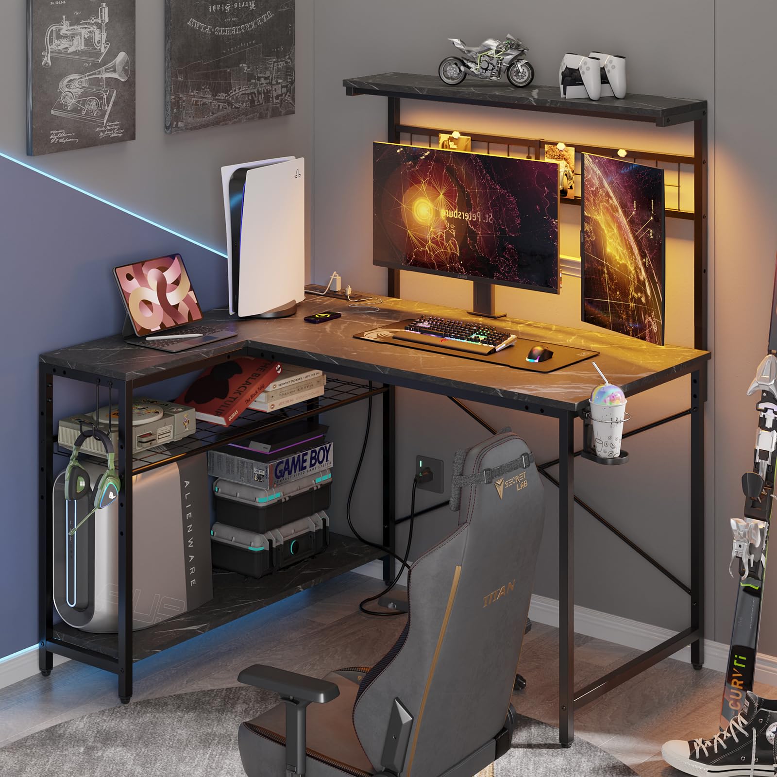Bestier 42 L Gaming Desk,Computer Desk with Power Outlets, LED Lights, Reversible Corner Desk with 4-Tier Shelves,Cup Holder & H
