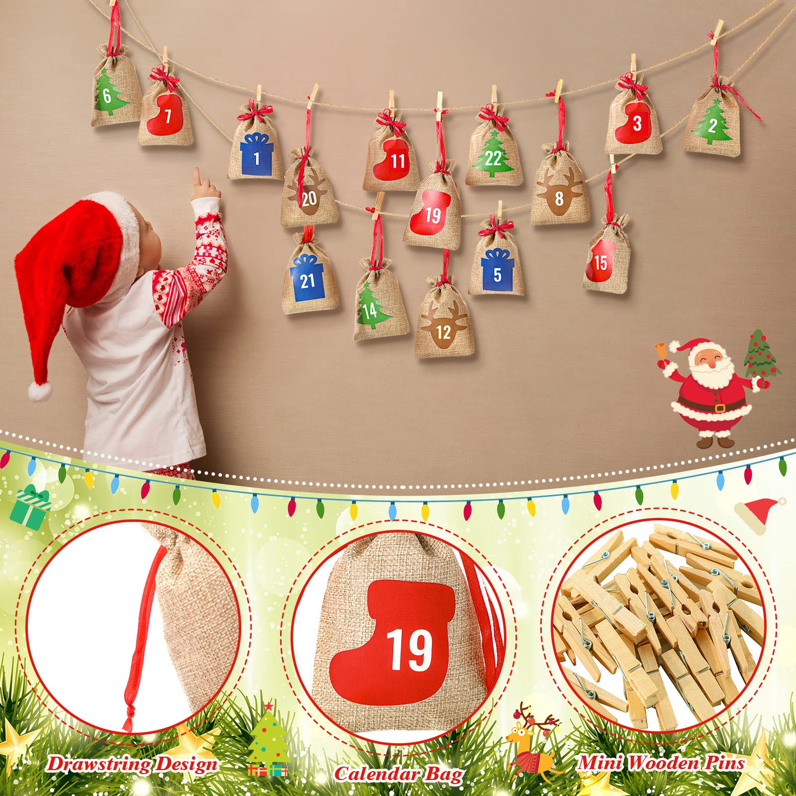 24 Pcs Christmas Advent Calendar Bags 24 Days Burlap Countdown Calendar Bags 4X6 Inch Drawstring Gift Bag Pouches With Xmas Mini