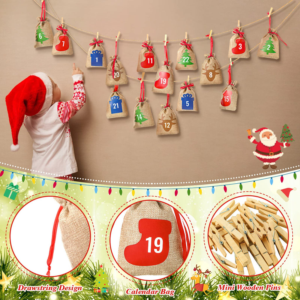 24 Pcs Christmas Advent Calendar Bags 24 Days Burlap Countdown Calendar Bags 4X6 Inch Drawstring Gift Bag Pouches With Xmas Mini