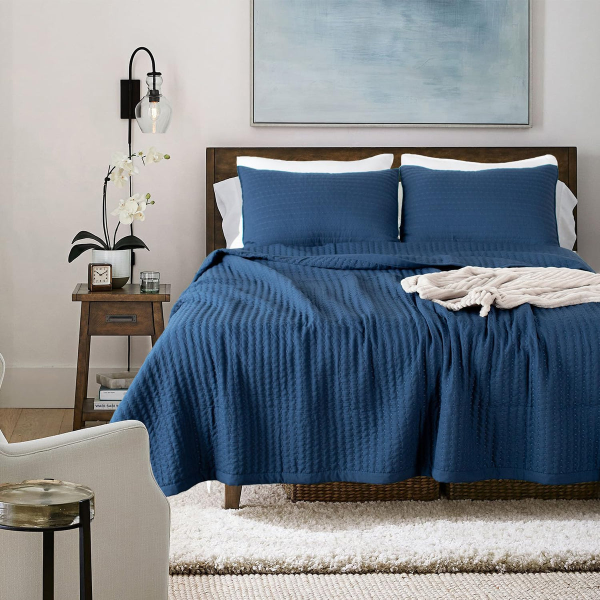 Kasentex Dark Blue Oversized King Size Quilt Set With Pillow-Shams, Lightweight Soft Bedspread Coverlet, Durable Stitched - Quil