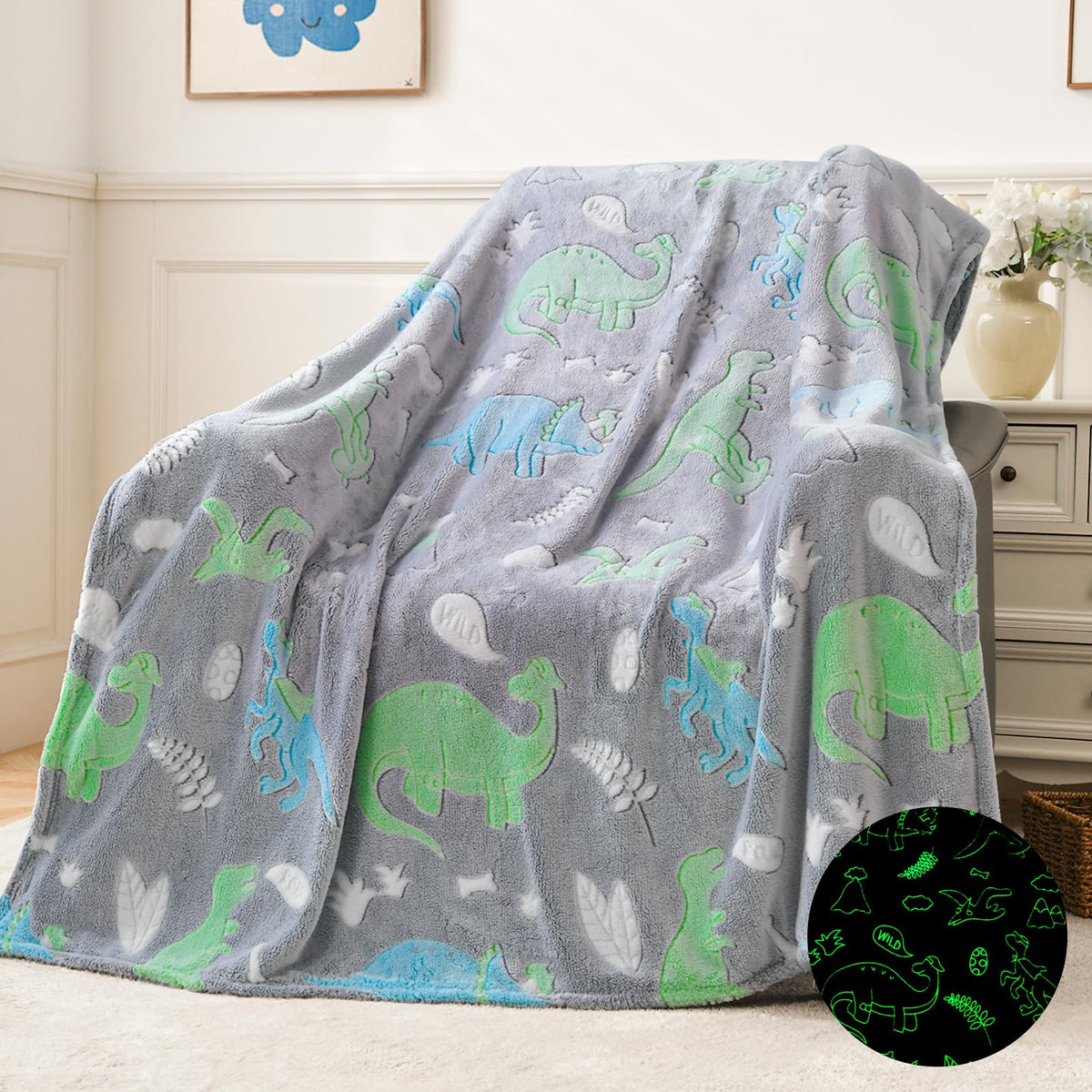 Qsteheml Dinosaur Glow In The Dark Blanket For Boys,Dinosaur Gifts For Boys Age 3 4 5 6 7 8 9 10 11 12 Year Old, Soft Throw Blan