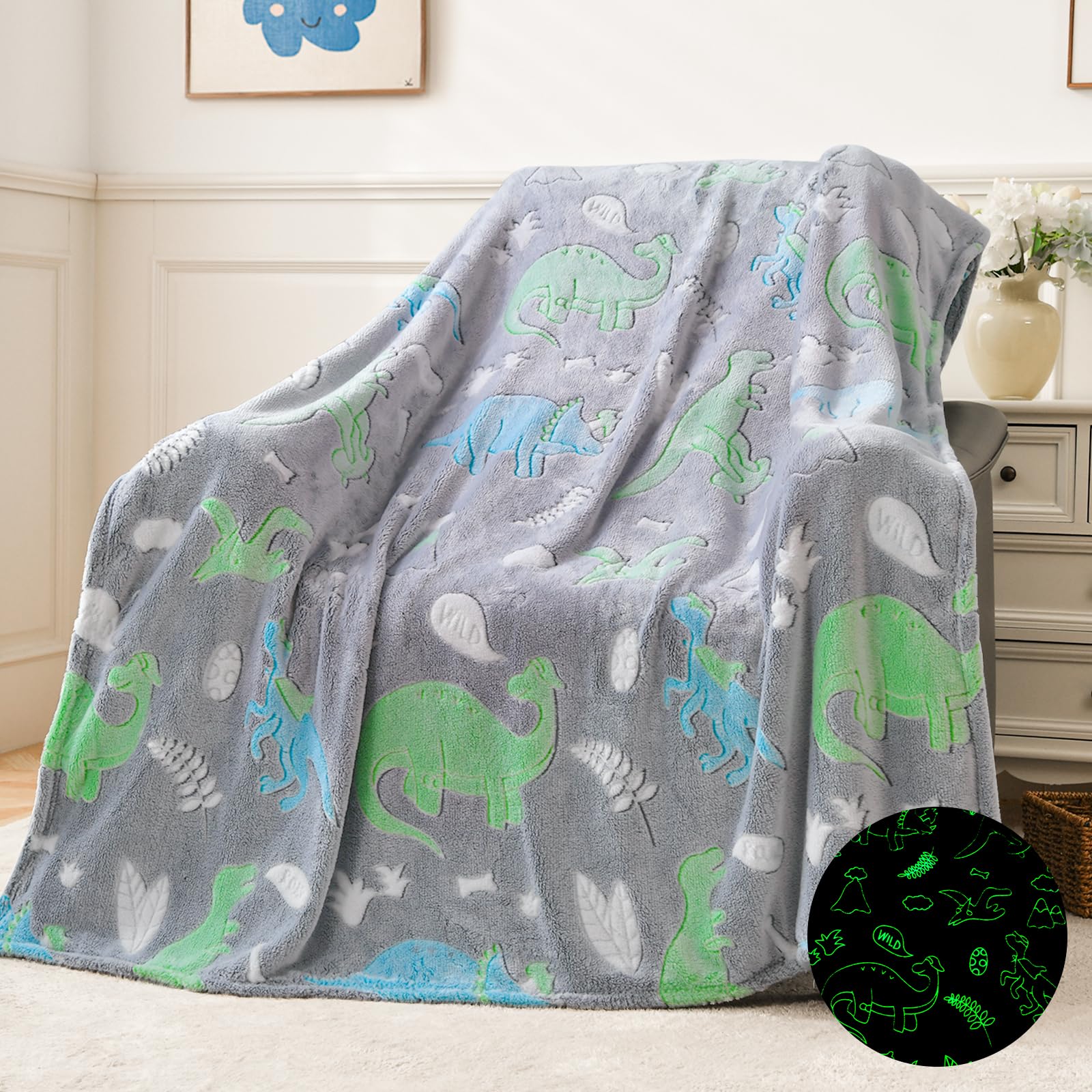 Qsteheml Dinosaur Glow In The Dark Blanket For Boys,Dinosaur Gifts For Boys Age 3 4 5 6 7 8 9 10 11 12 Year Old, Soft Throw Blan