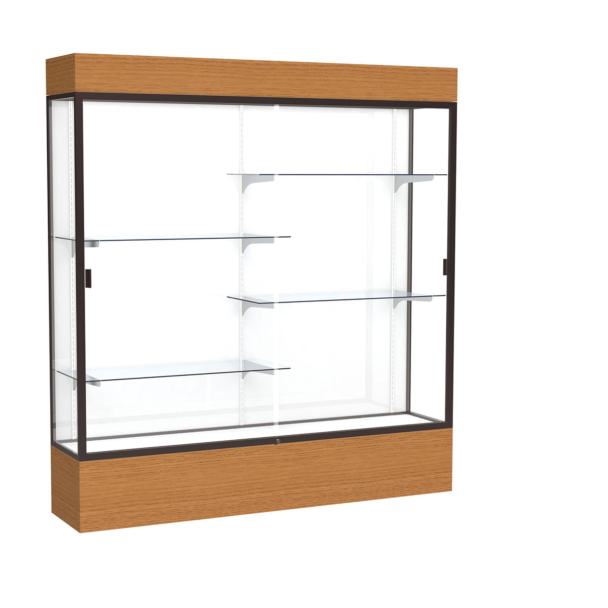 Waddell Reliant Lighted Wood Veneer Floor Display case, 72&quot;x80&quot;x16&quot;, Carmel Oak/Dark Bronze