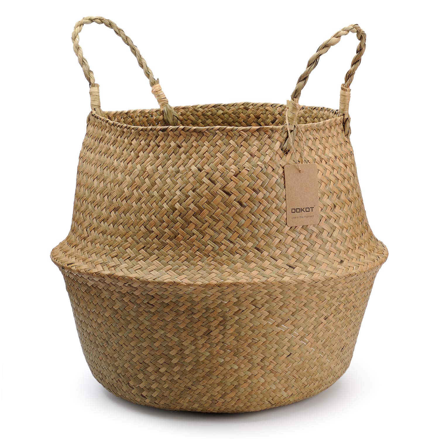 Dokot Seagrass Plant Basket With Handles, Round Storage Wicker Basket (10.6Inch Diameter X 12.5Inch Height, Natural)