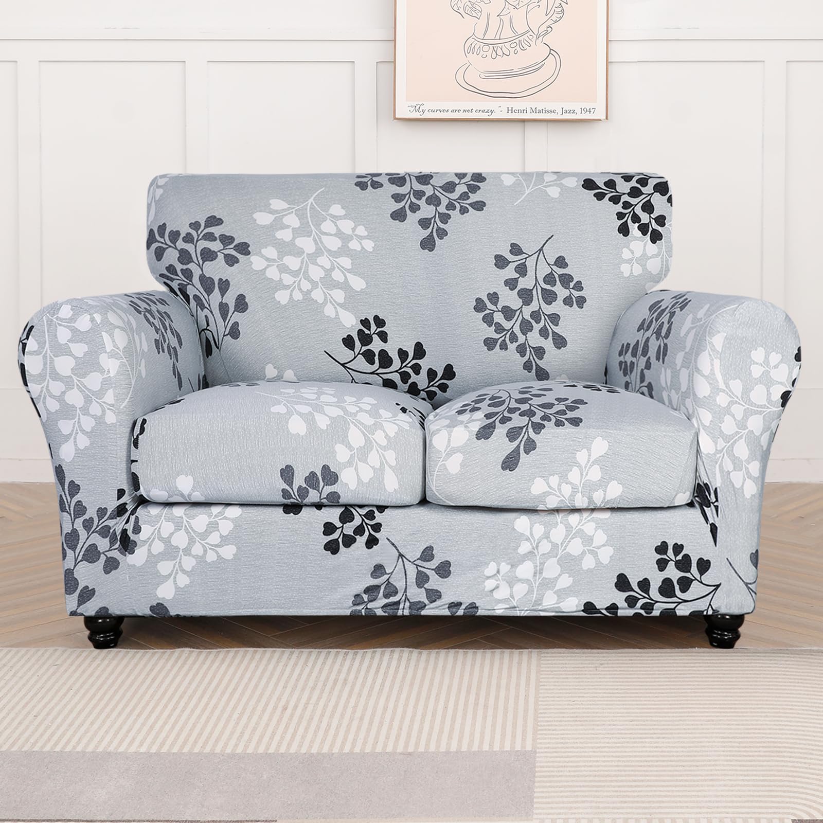 Searchi Stretch Sofa Cover Printed Couch Cover, Floral Pattern 3 Pieces Loveseat Slipcover With 2 Separate Cushion Cover, Washable Furniture Protector For Living Room(Loveseat, Leaf Pattern)