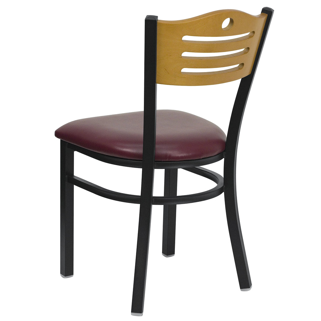 Flash Furniture HERCULES Series Black Slat Back Metal Restaurant Chair - Natural Wood Back, Burgundy Vinyl Seat