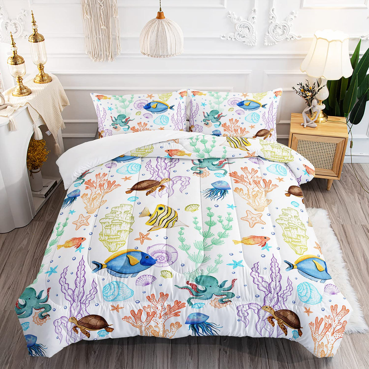 Xynhml Turtle Comforter Set Twin Ocean Watercolor Sea Turtle Bedding Set Tropical Fish Marine Life Bed Set With 2 Pillowcases Fo