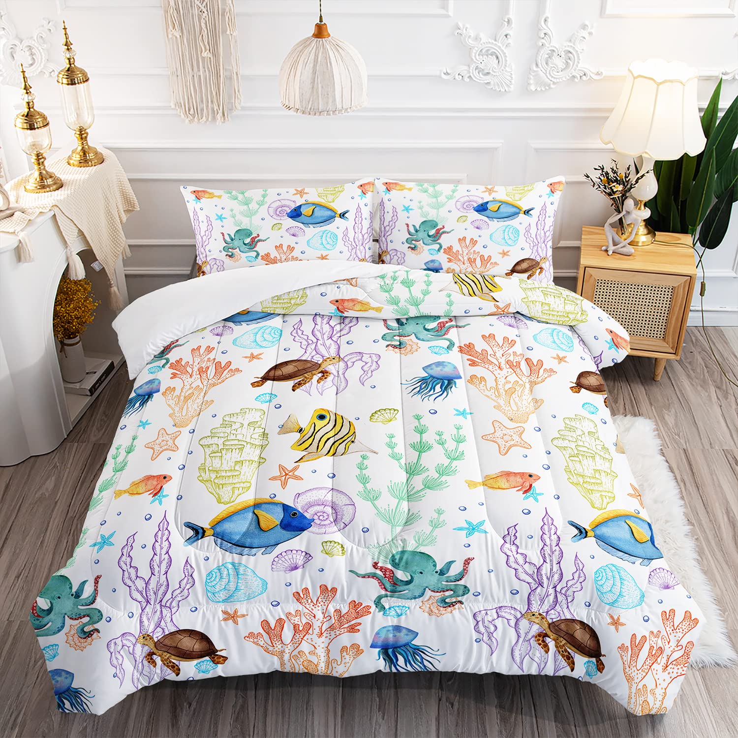 Xynhml Turtle Comforter Set Twin Ocean Watercolor Sea Turtle Bedding Set Tropical Fish Marine Life Bed Set With 2 Pillowcases Fo