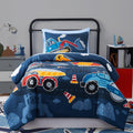 Kaleido Space Truck Tractor Excavator Twin Comforter Set With Sheets - 5 Pieces Kids Twin Bedding Sets For Boys, Glow In The Dar