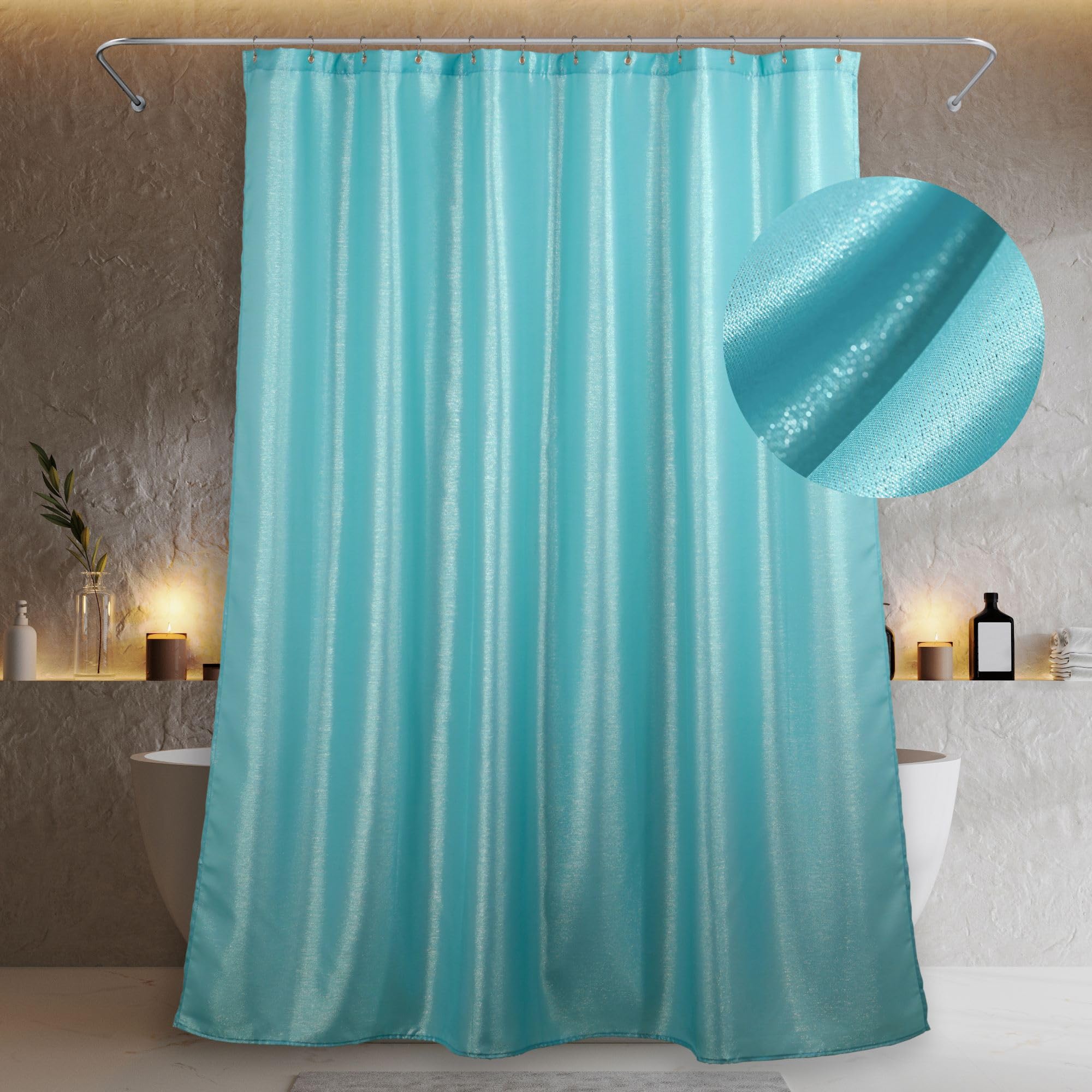 Popkozzi Teal Blue Long Shower Curtain: 78 Inch Turquoise Aqua Glitter Sparkle Bling Shiny Fabric Decorative Shower Curtains For