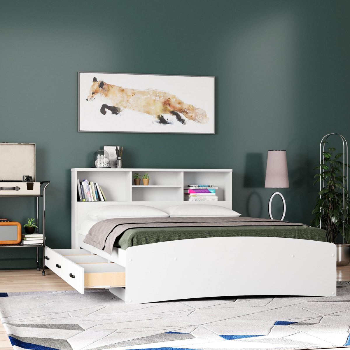 Bed with 3 Drawers and Bookcase Headboard (White, Queen)