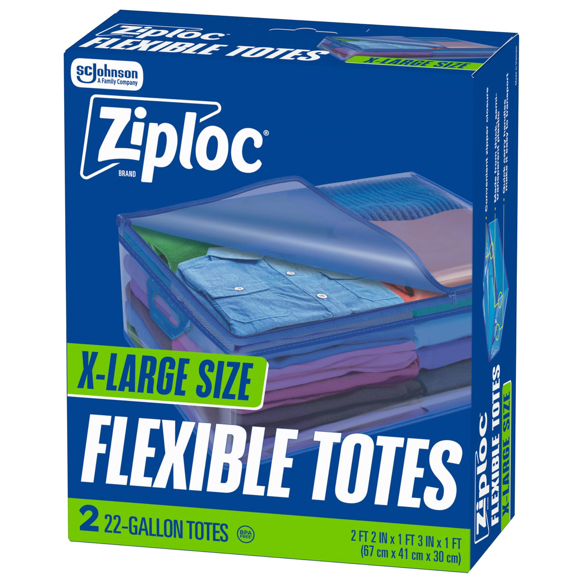 Ziploc Flexible Totes, 22 Gallon XLarge Storage Bags with Zipper, 2 Count