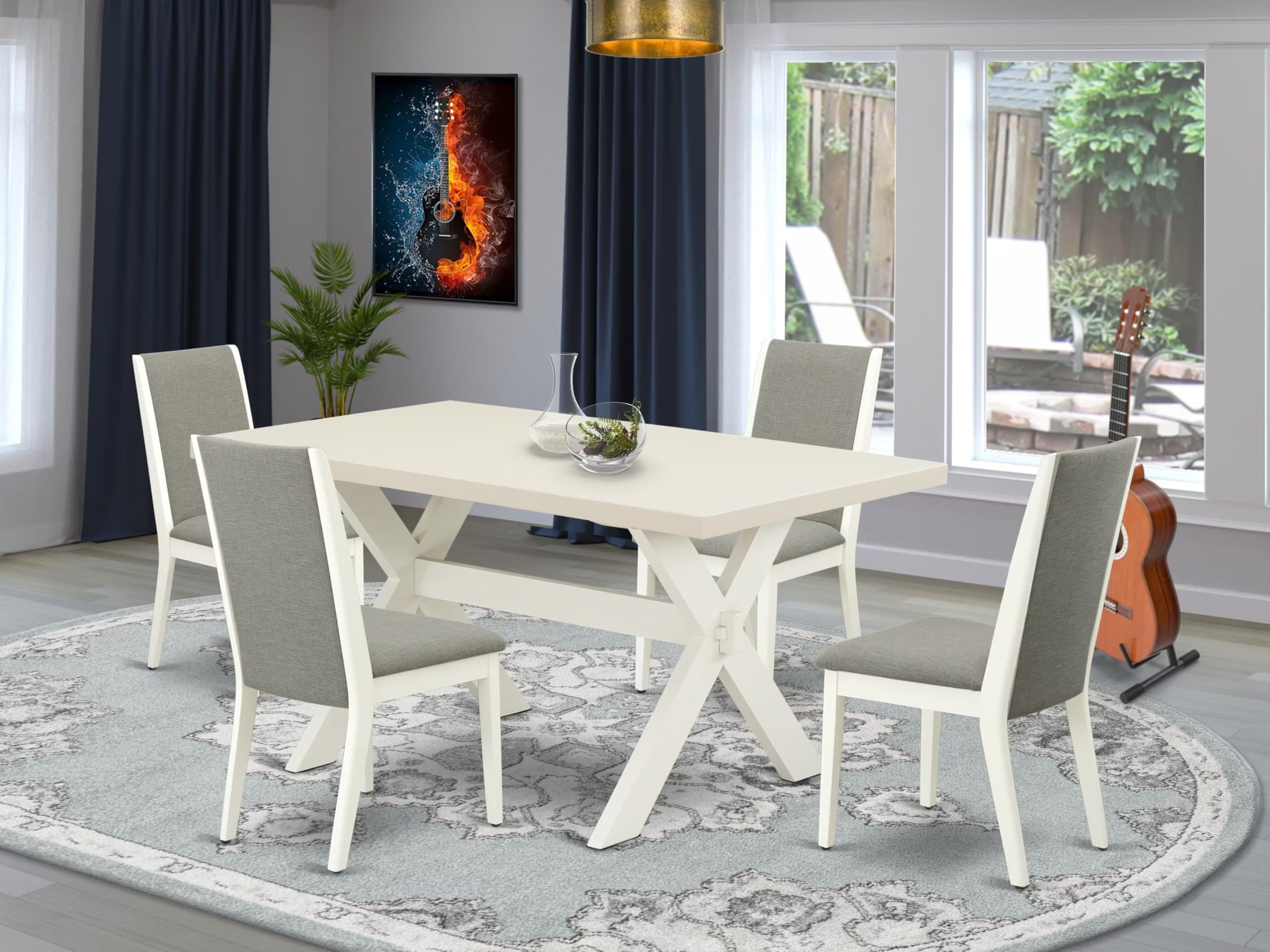 East West Furniture X026La206-5 5 Piece Dining Room Table Set Includes A Rectangle Kitchen Table With X-Legs And 4 Shitake Linen Fabric Parson Dining Chairs, 36X60 Inch, Multi-Color