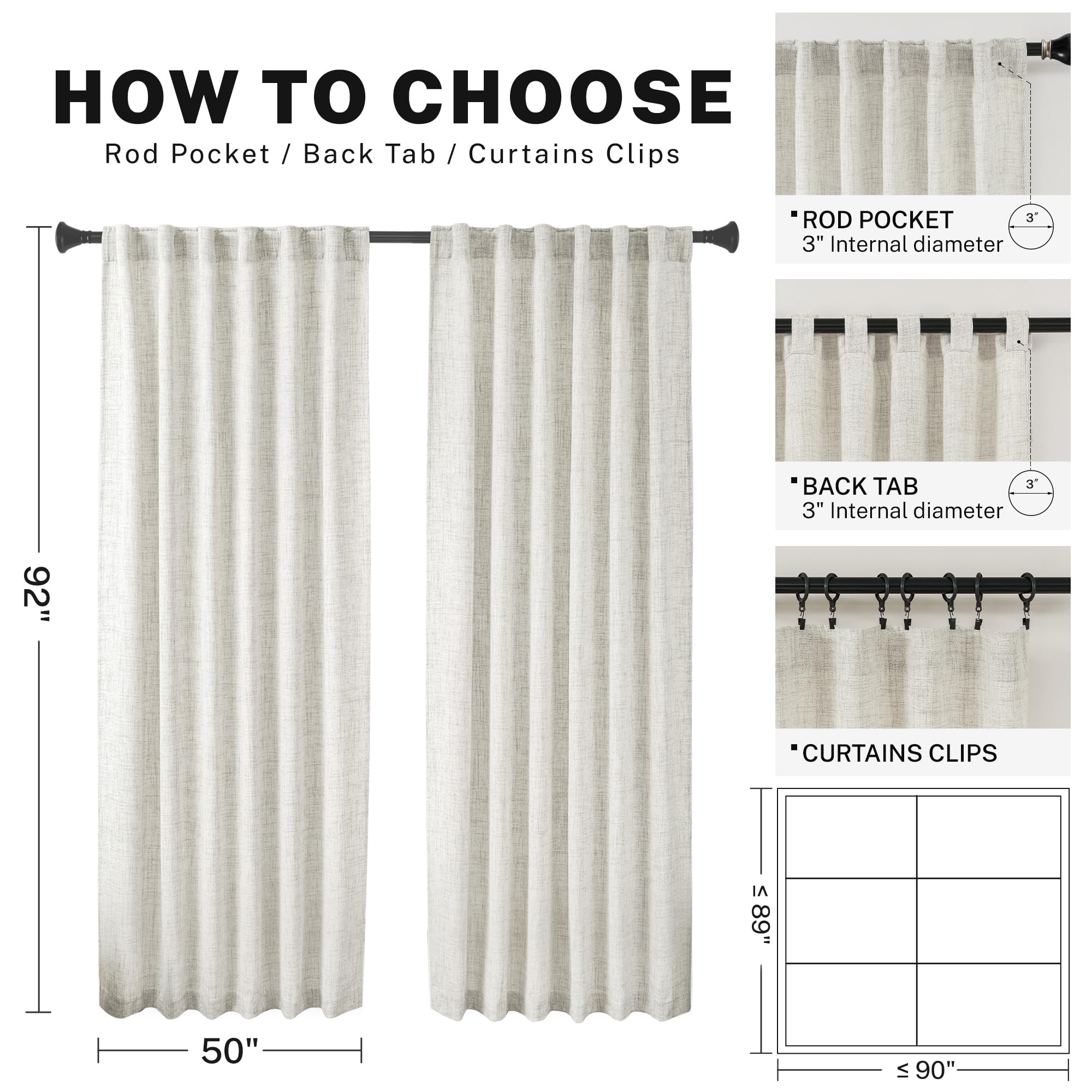 Meetbily Natural Linen Back Tab Curtains 92 Inch Long 2 Panels Set For Living Room Semi Sheer Light Filtering Window Drape Neutr