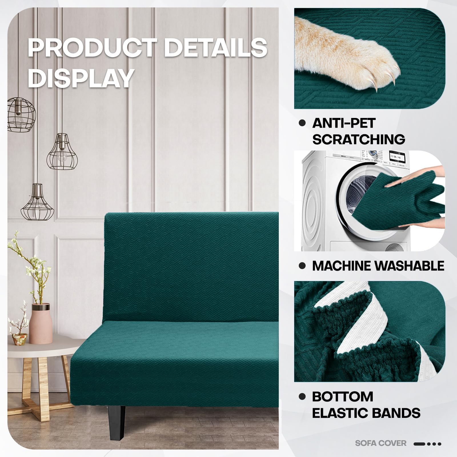 Znsayotx Armless Futon Covers Full Size (67'-82') Stretch Jacquard Sofa Bed Slipcovers, Striped Queen Futon Cover With Non-Slip Elastic Bottom, Soft Cozy Futon Mattress Cover Washable (Blackish Green)