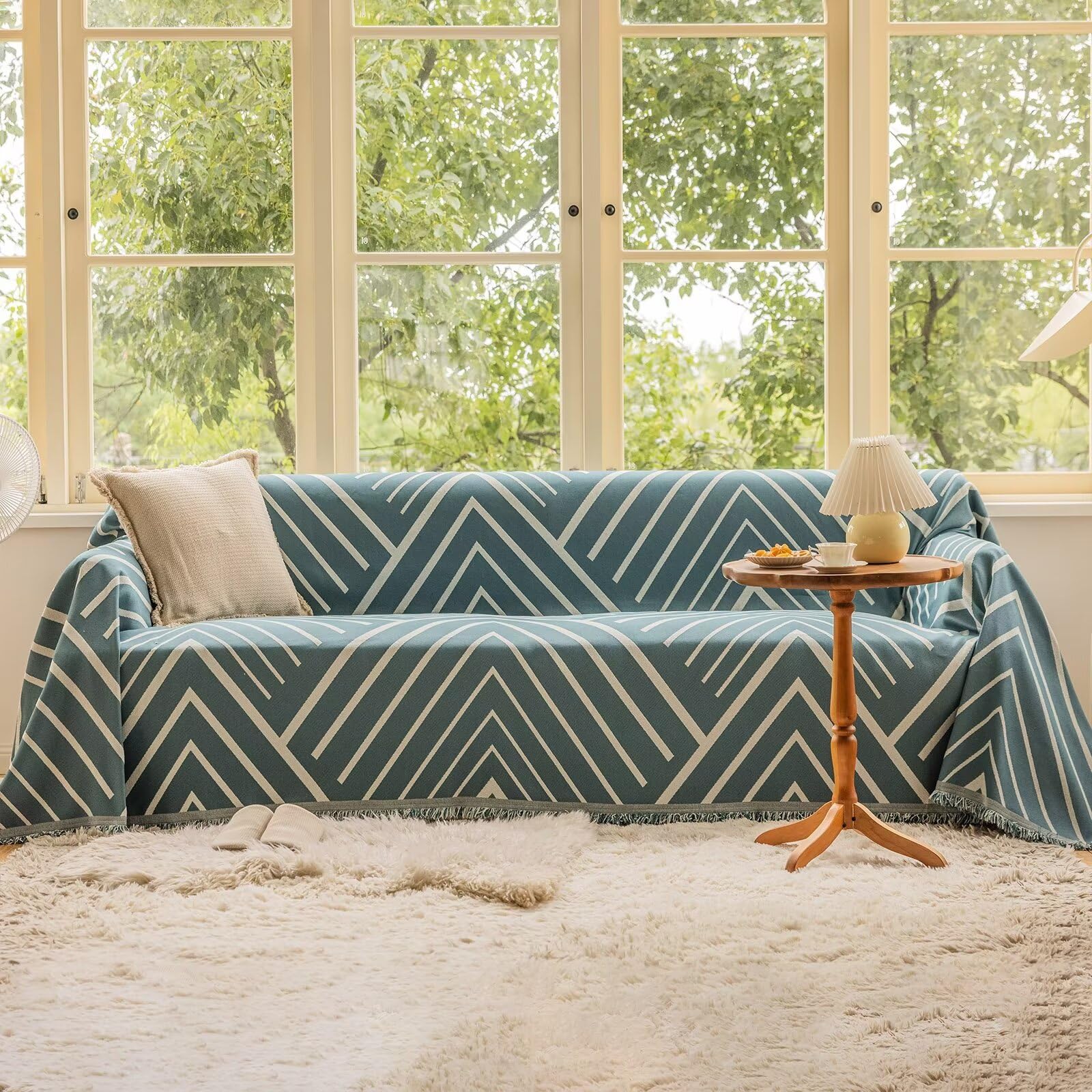 Vclife Thick Soft Chenille Couch Cover Warm Modern Cream White Dark Green Herringbone Geometric Jacquard Sofa Slipcover For 3 Cu