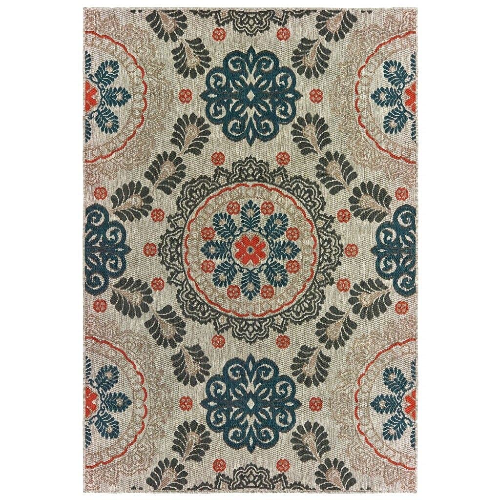 HomeRoots 10' x 13' Blue and Gray Damask Indoor Outdoor Area Rug