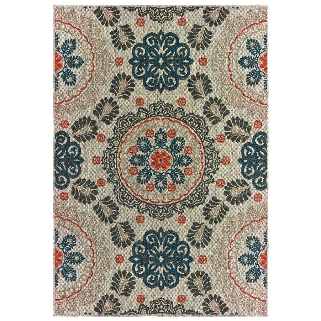 HomeRoots 10' x 13' Blue and Gray Damask Indoor Outdoor Area Rug
