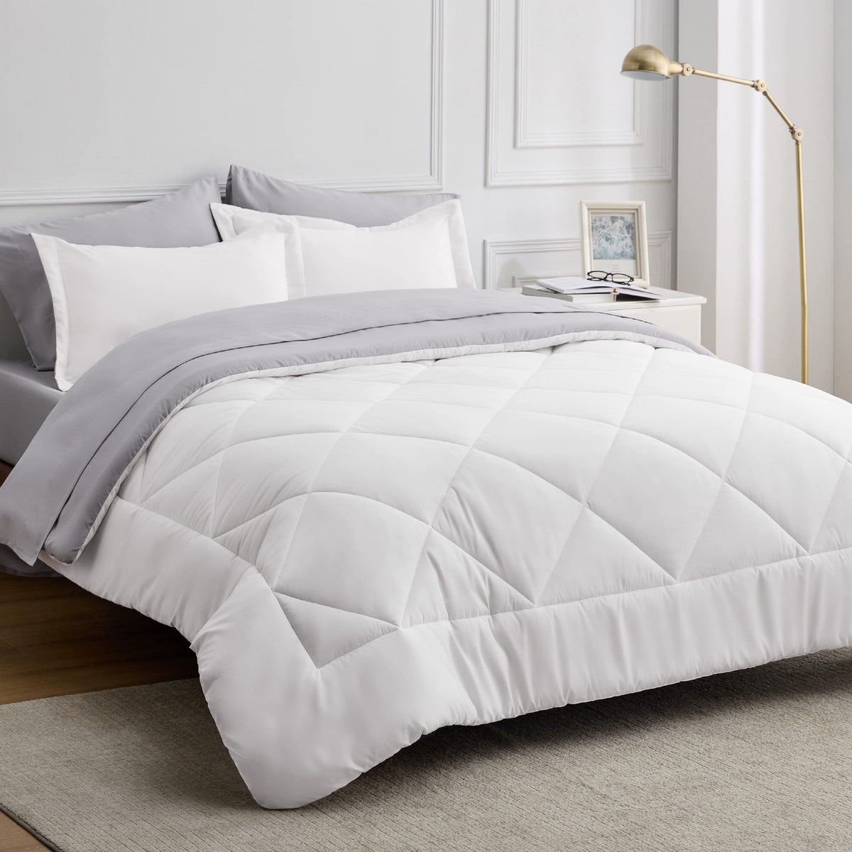Bedsure White Queen Comforter Set - 7 Pieces Reversible White Bed Set , Bedding Set White With Comforters, Sheets, Pillowcases &