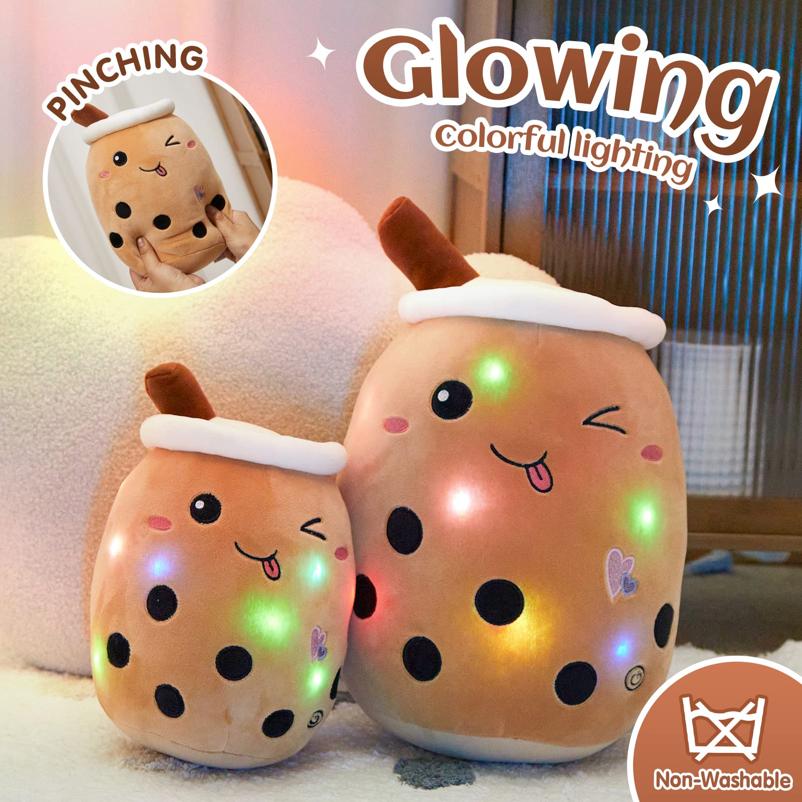 Athoinsu Light Up Chocolate Milk Tea Plush Pillow,10'Kawaii Bubble Stuffed Animal Toy With Led Lights,Birthday Christmas Holida