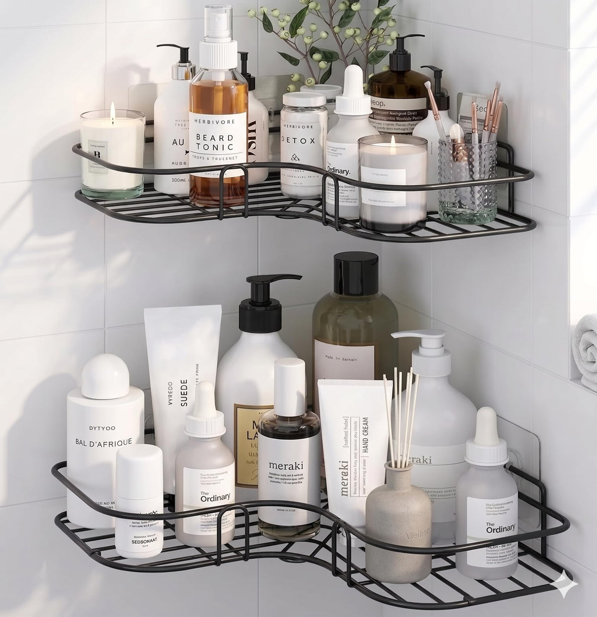 MOXLY Bathroom Corner Shelf Without Drill | Self Adhesive Wall Mounted Metal Rack for Shampoo, Soap & Toiletries | Space Saving